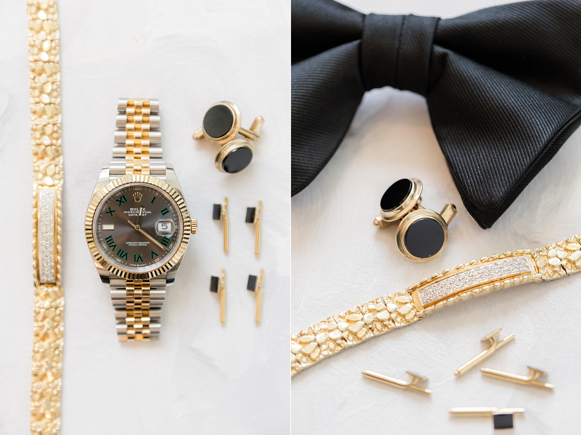Detail shot of groom's items, gold bracelet, silver and gold rolex watch, black and gold cufflinks, and black bow tie
