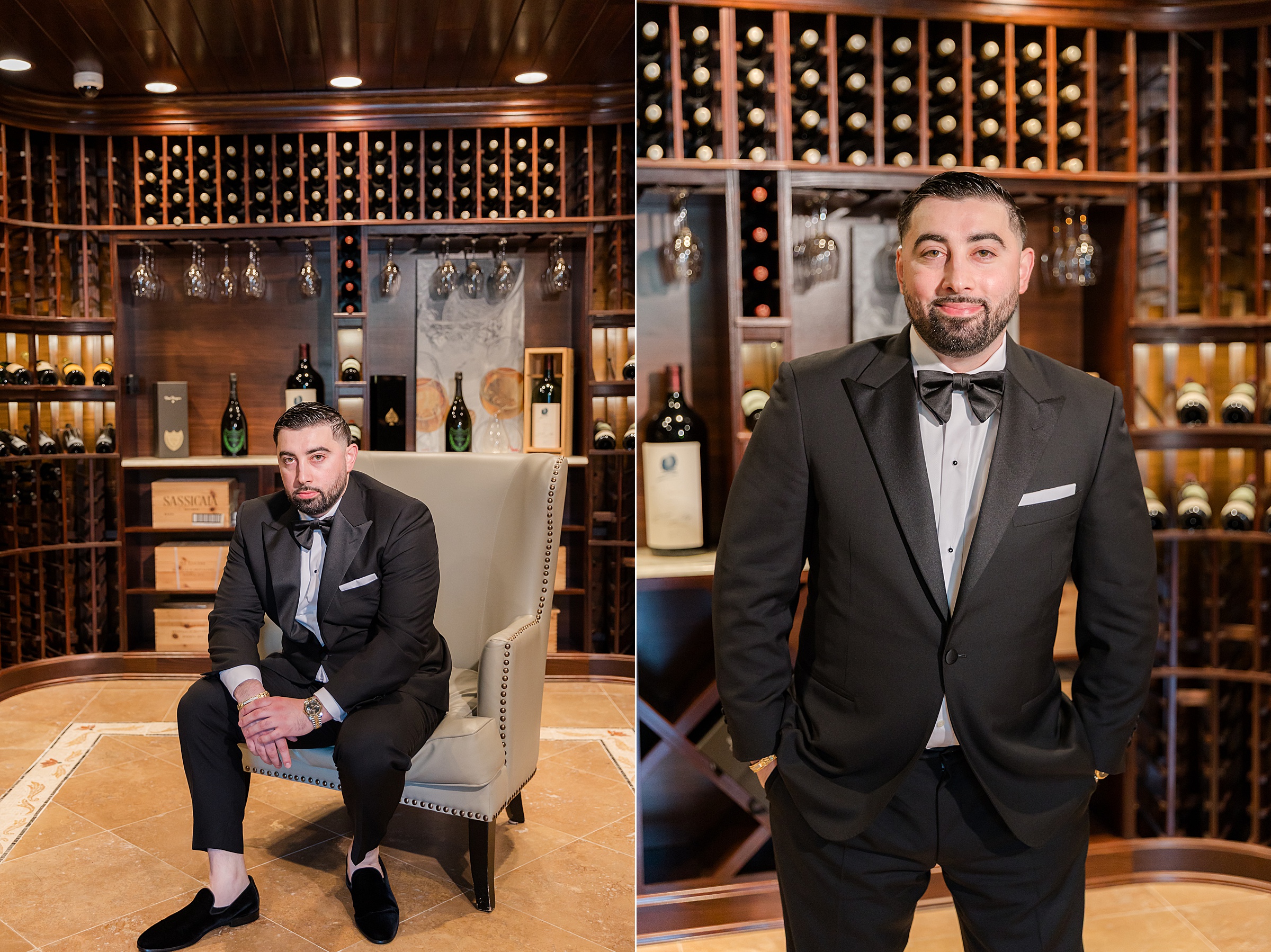 Photos of groom in a wooden wine cellar. First photo is seated and leaning forward, second is half-body with both hands in the pocket while looking at the camera