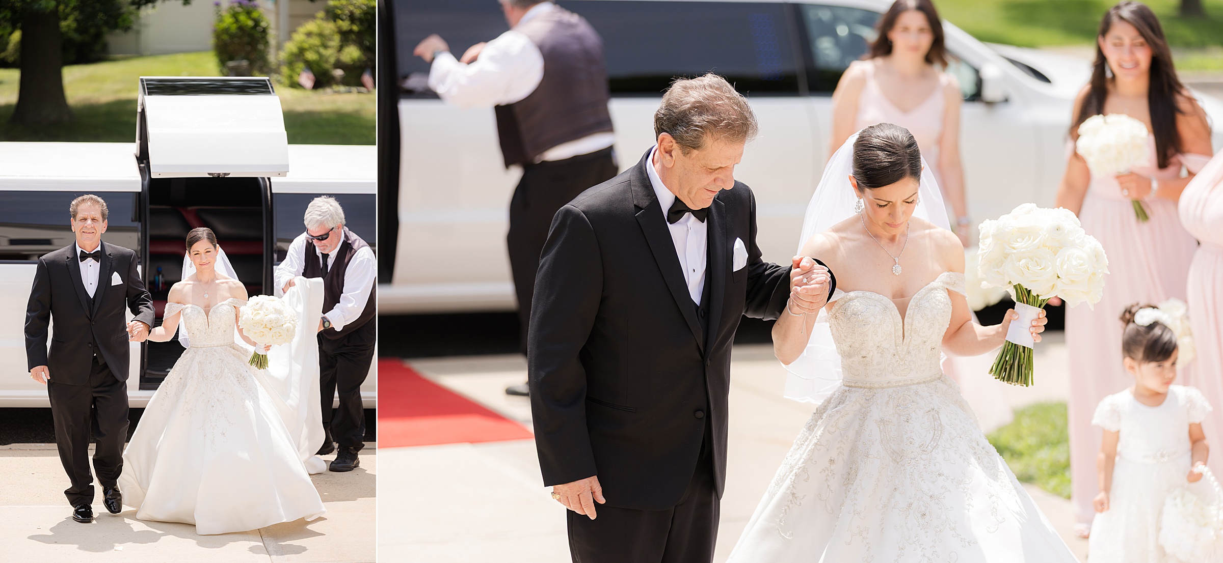 Bride escorted by her father out of the limousine, holding her bouquet, about to enter the Church of Nativity