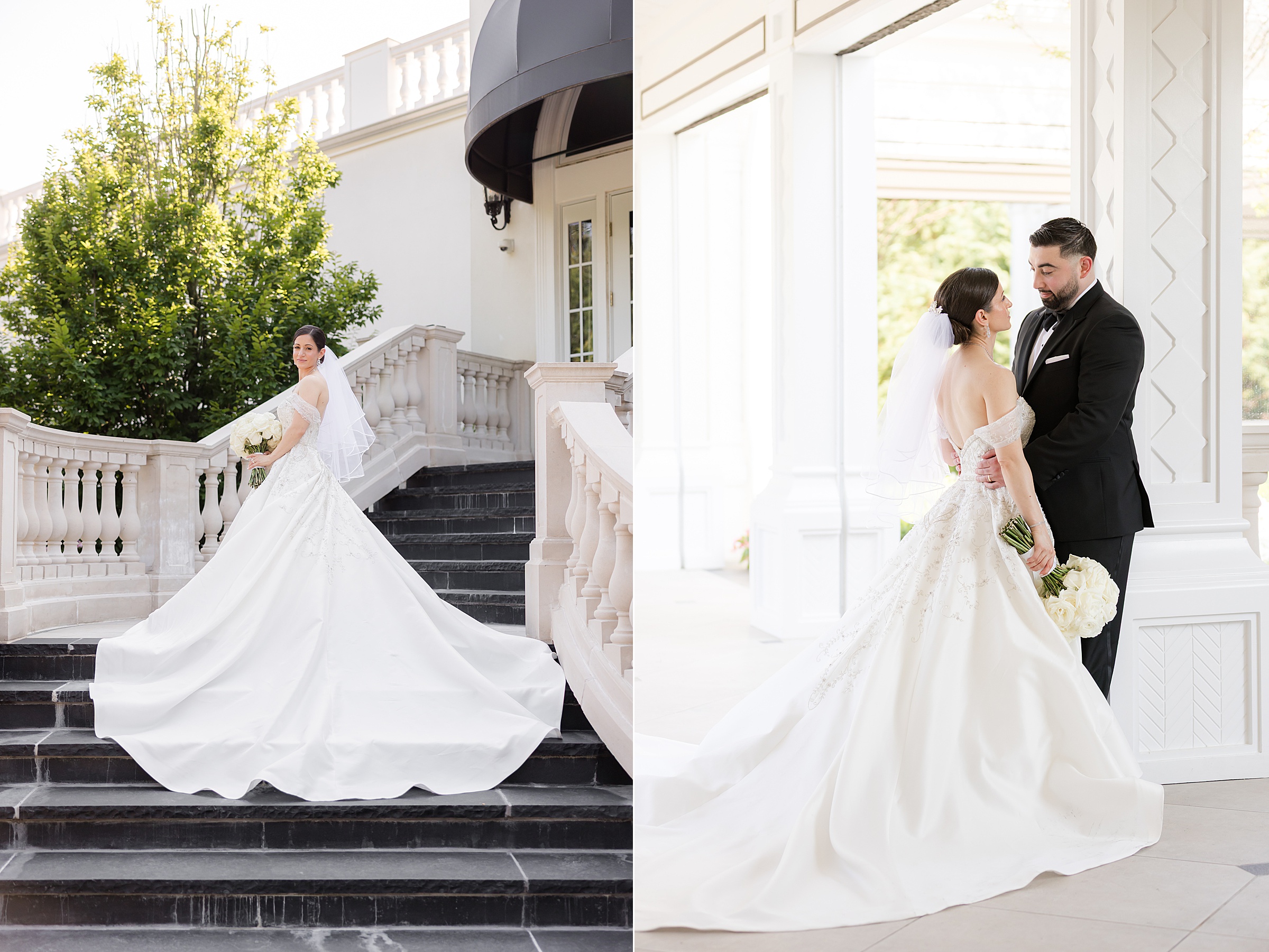 First photo is the bride at the black staircase with white railings, looking back to the camera while holding her bouquet with both of her hands. Second photo is a portrait of the groom leaning against a white column while they look each other in the eye