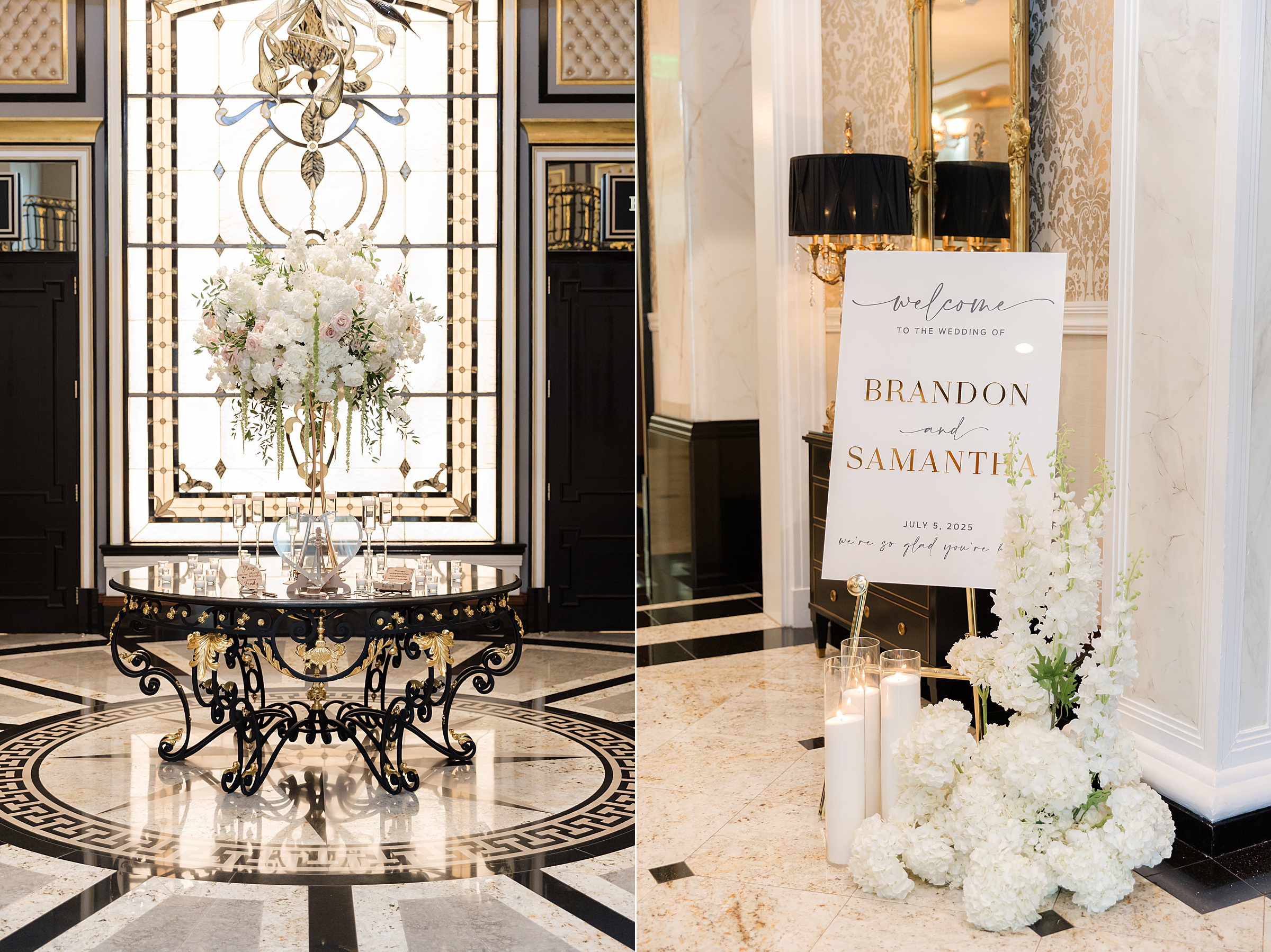 Photo of Shadowbrook interior. Tiled floors with gray, white, and black colors. Walls are decorated with gold bolding, and a black and gold glass center table with a tall flower centerpiece. On the right is a welcome sign for Samantha and Brandon's wedding