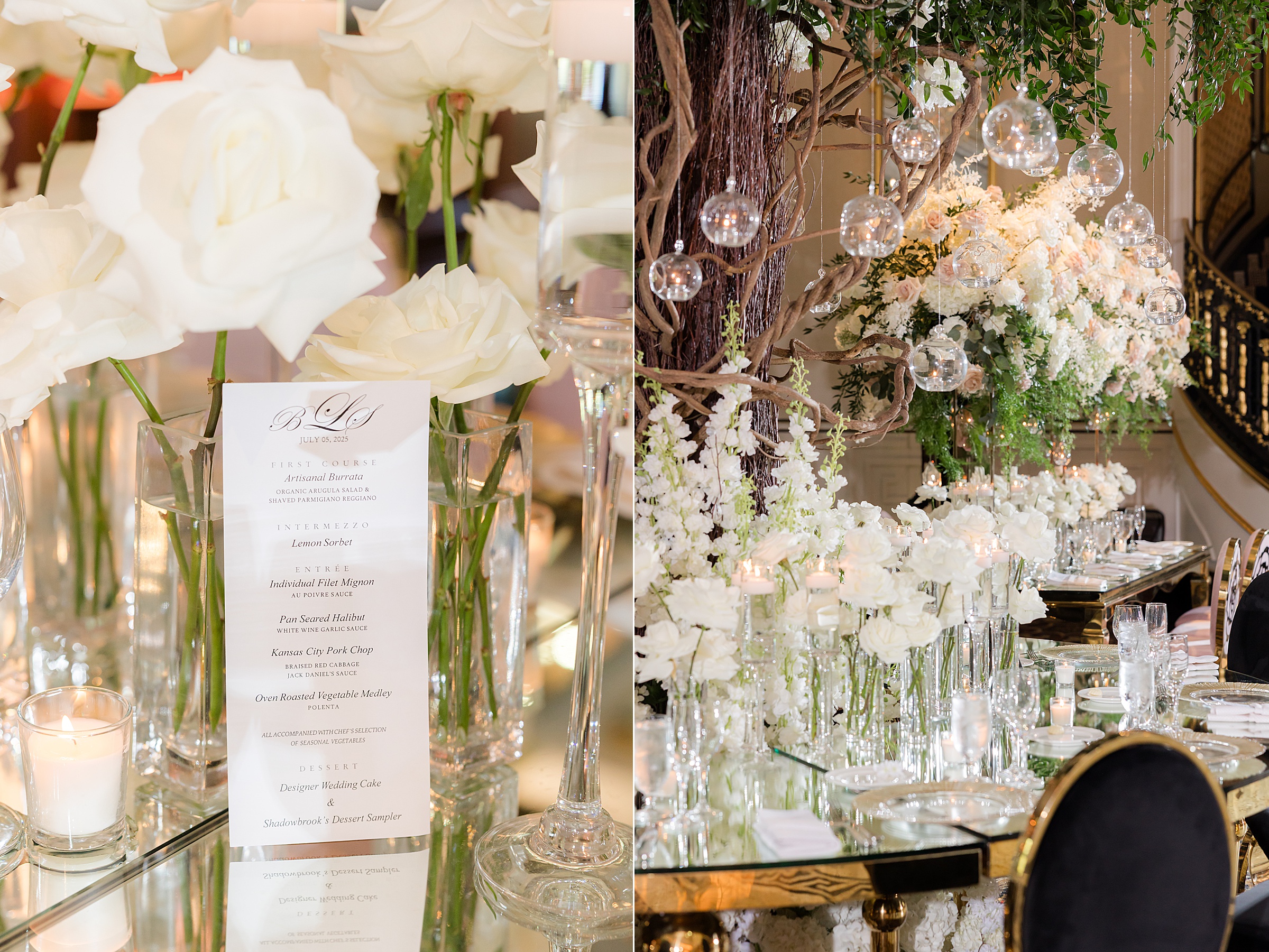 Photo of menu card with white roses in glass vases. Another photo of table setting with gold, black, and white embellishments 