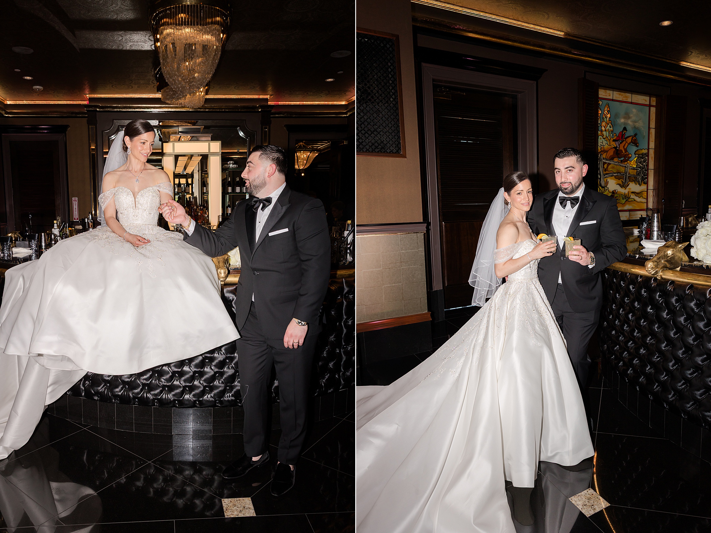 Photos of bride and groom by the bar. On the left is the bride seated on the counter, and on the right, is the groom leaning on the counter while the bride stands leaning into him, both holding a lemon beverage