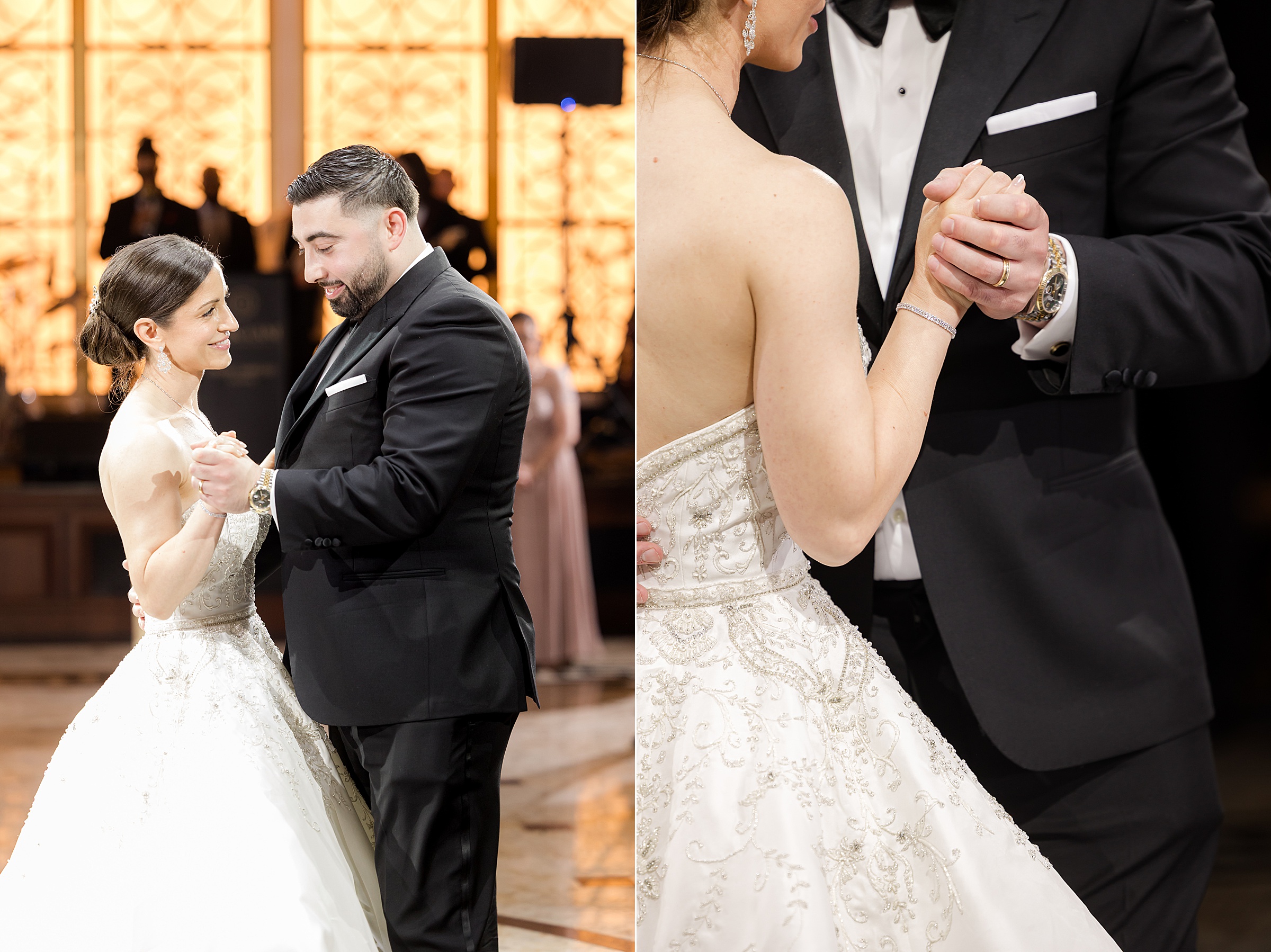 Half-body photo of bride and groom's first dance, holding each other, and closeup shot of their hands