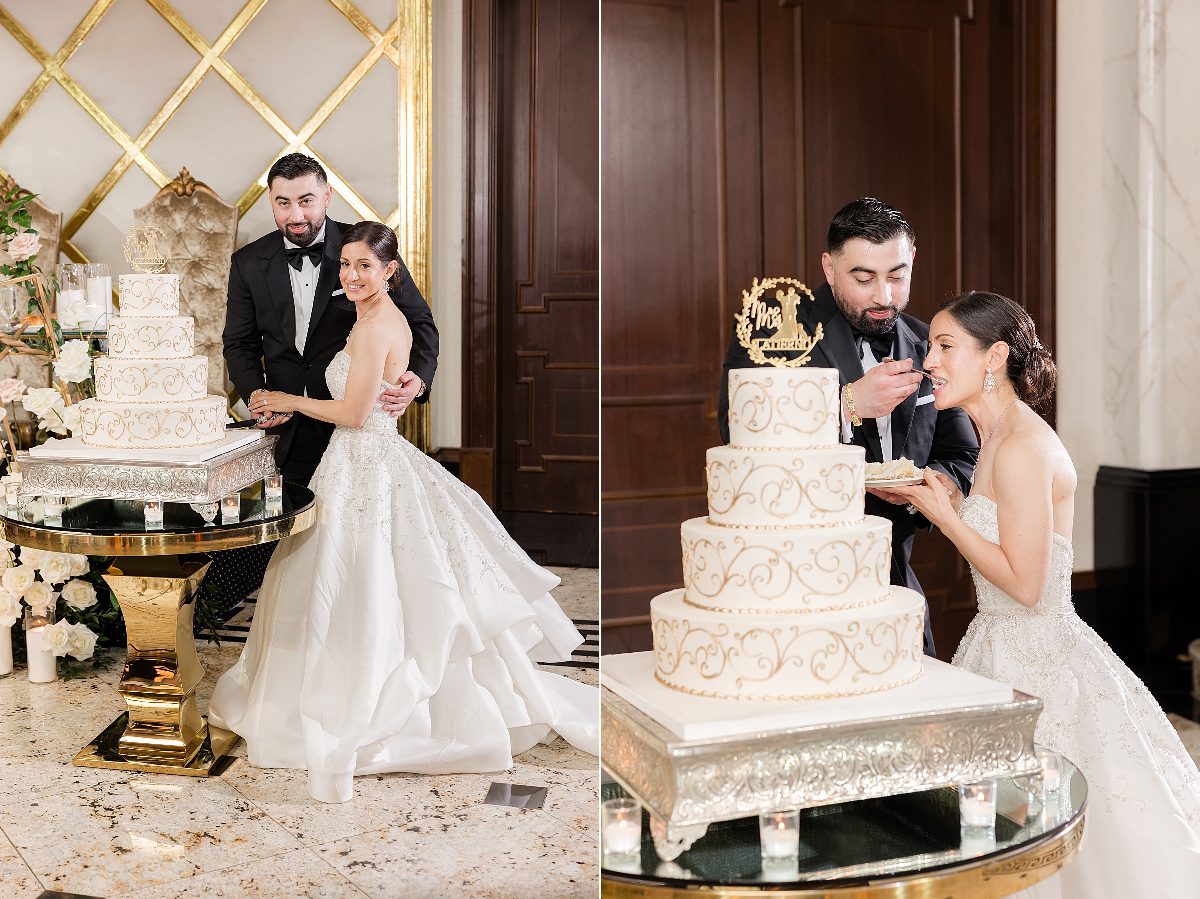Photos of bride and groom looking at the camera for the cake cutting, and then the groom feeding the bride