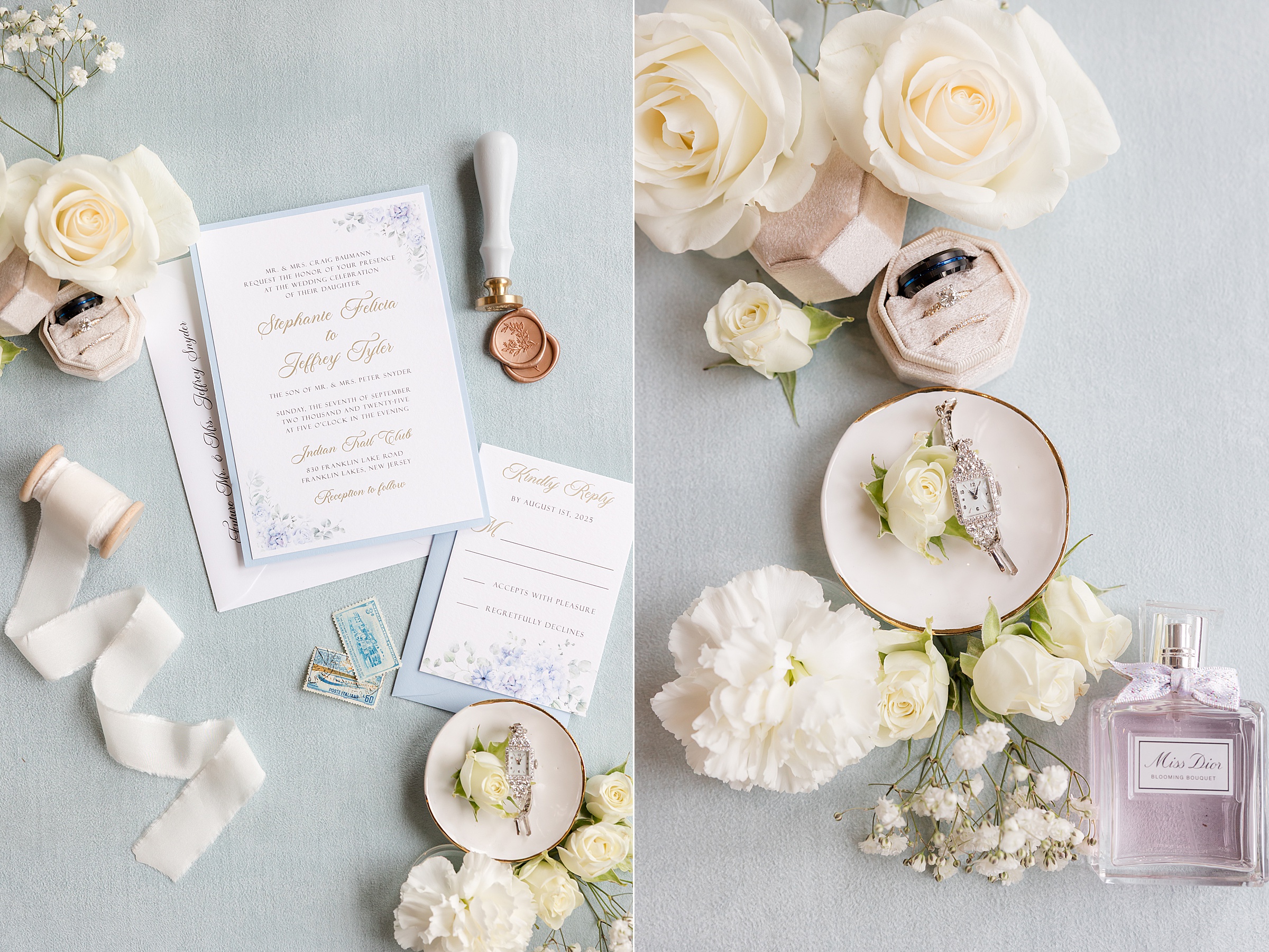 Wedding stationery flat lay with soft ivory roses, delicate paper goods, flowing ribbon, rings, and a blush perfume, arranged in gentle pastel tones to evoke romance and the anticipation of a love-filled celebration