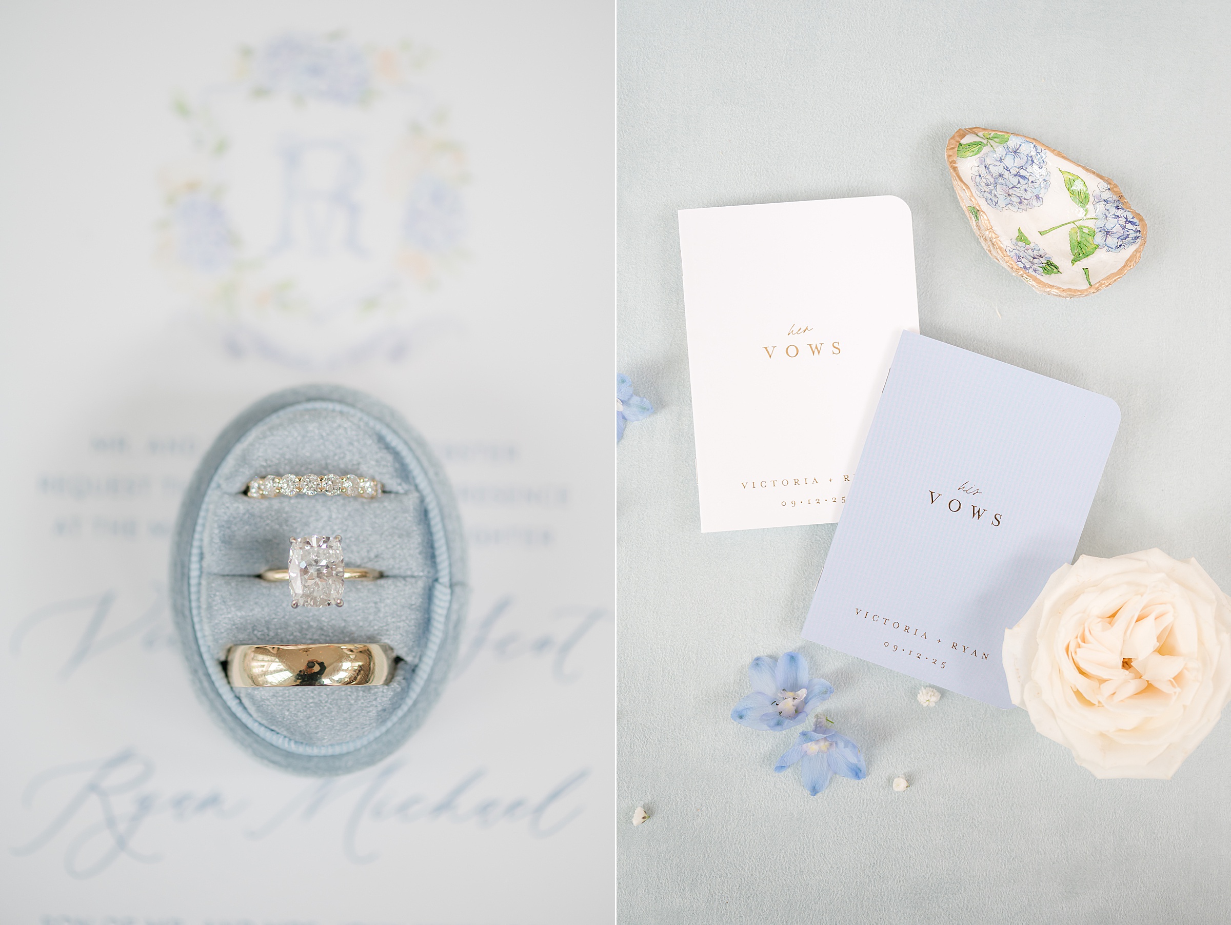 Wedding vow books and rings styled with delicate blue florals and soft ivory roses, capturing the promises and details of a love story beginning forever