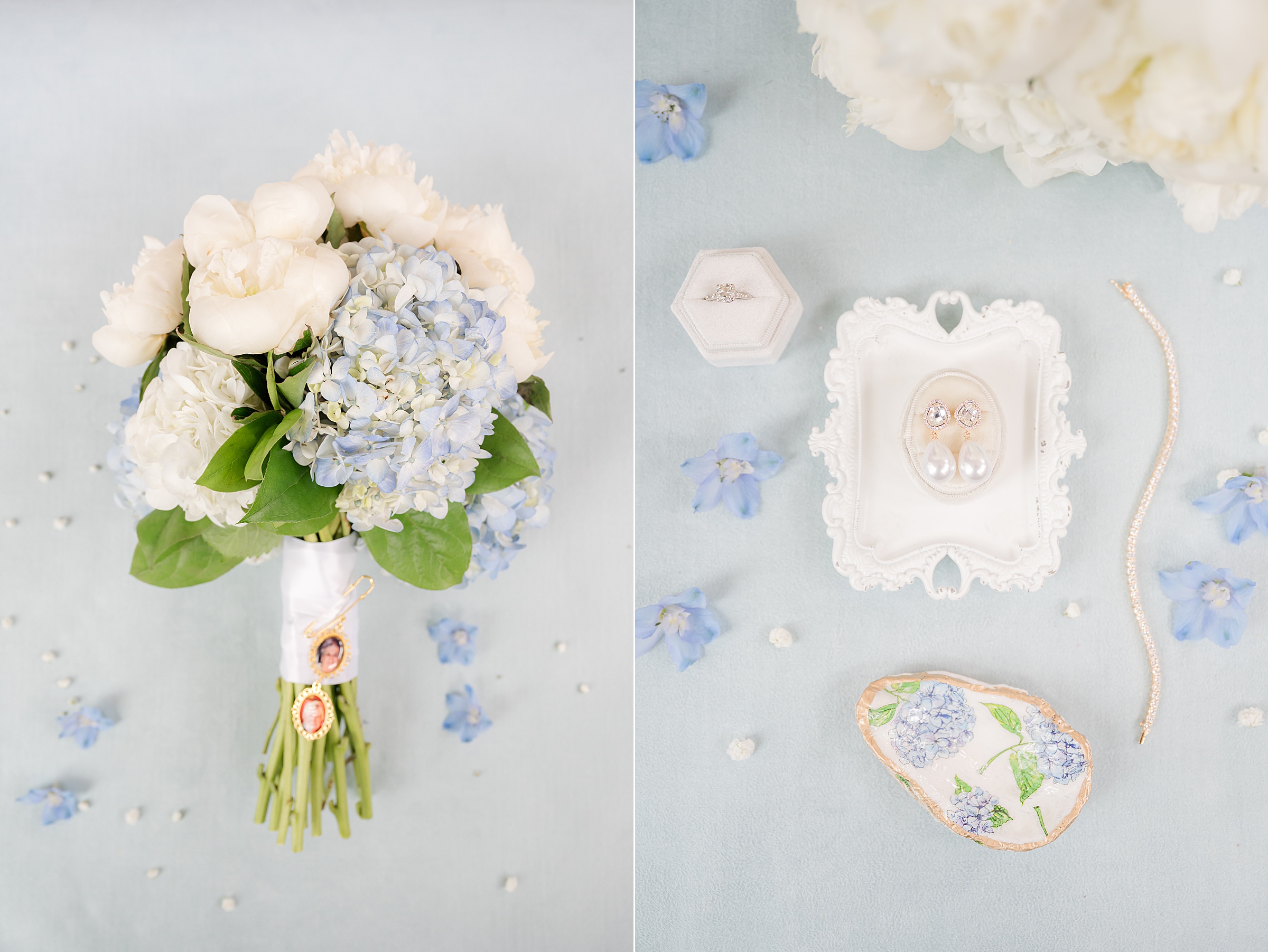 Bridal bouquet of white peonies and blue hydrangeas rests beside delicate jewelry and keepsakes, capturing the gentle elegance of a love-filled wedding day