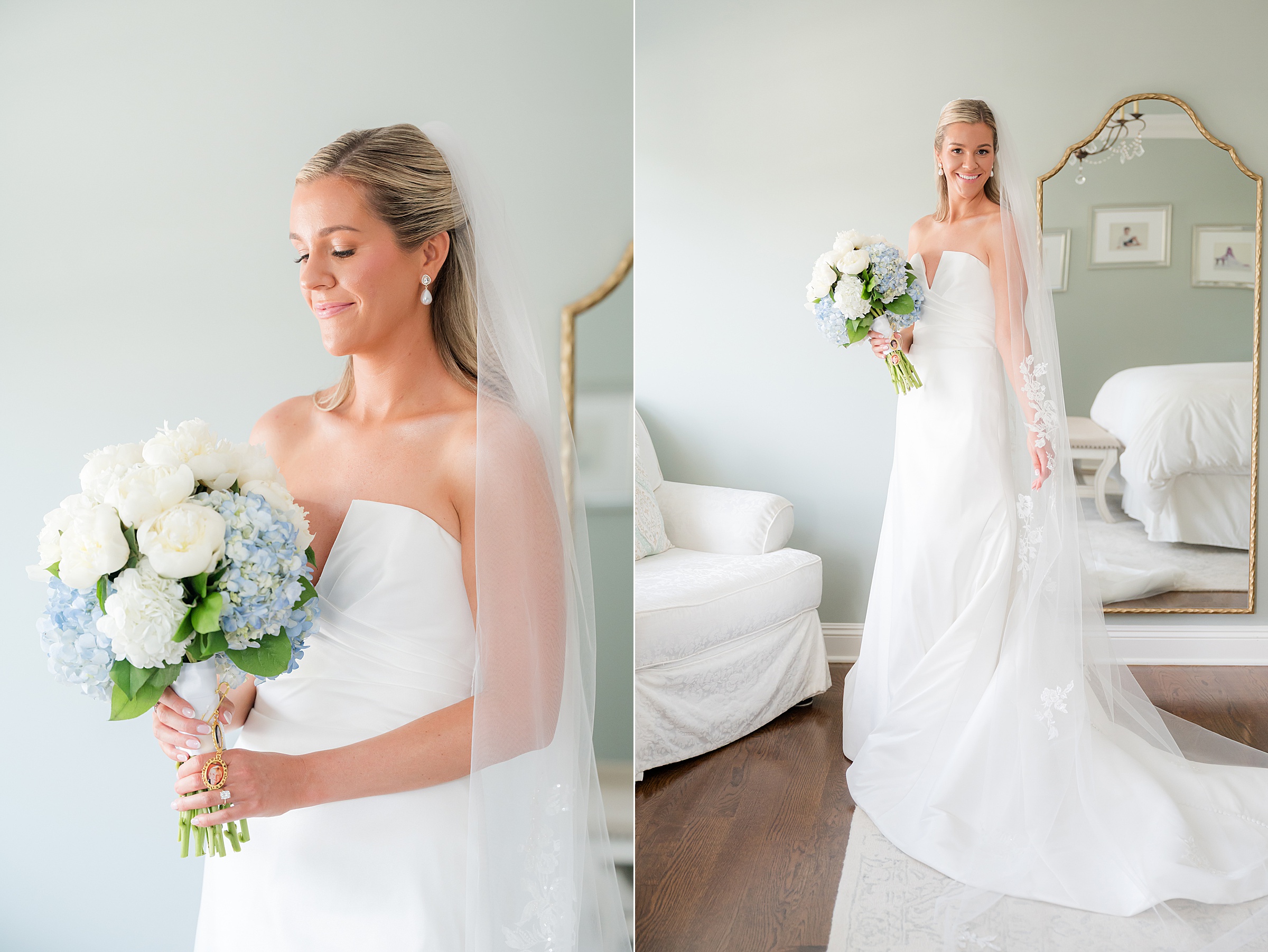Bride smiles serenely, holding her bouquet as she prepares to walk into a love story just beginning.