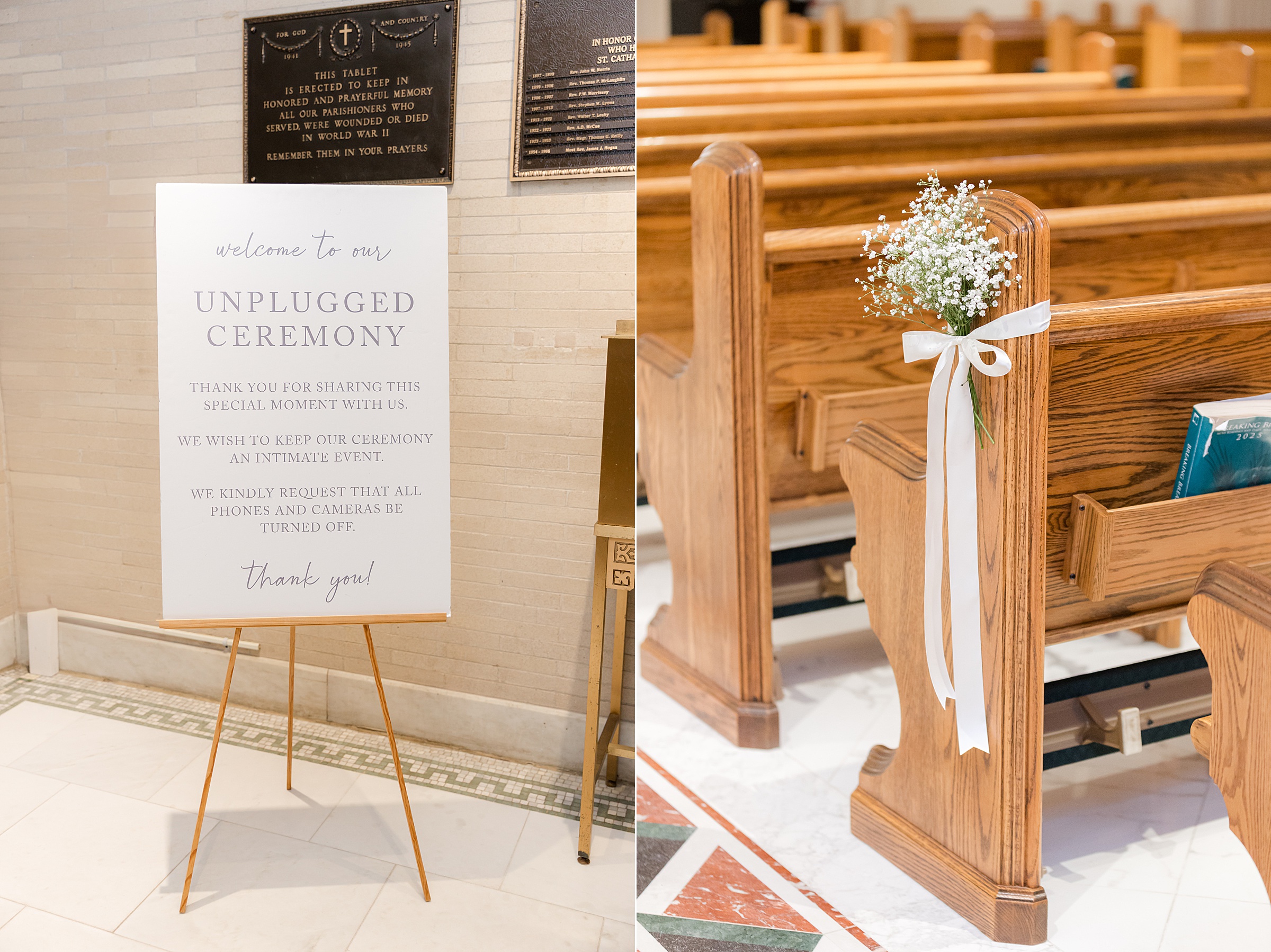 Gentle reminder invites guests to be present, while delicate florals tied to pews add a romantic touch to the ceremony setting