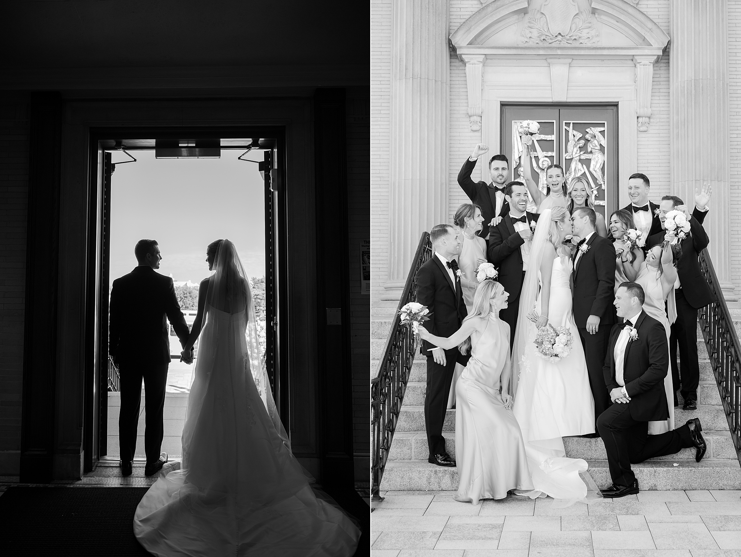 Bride and groom celebrate together with their bridesmaids and groomsmen, surrounded by laughter, love, and joyful energy