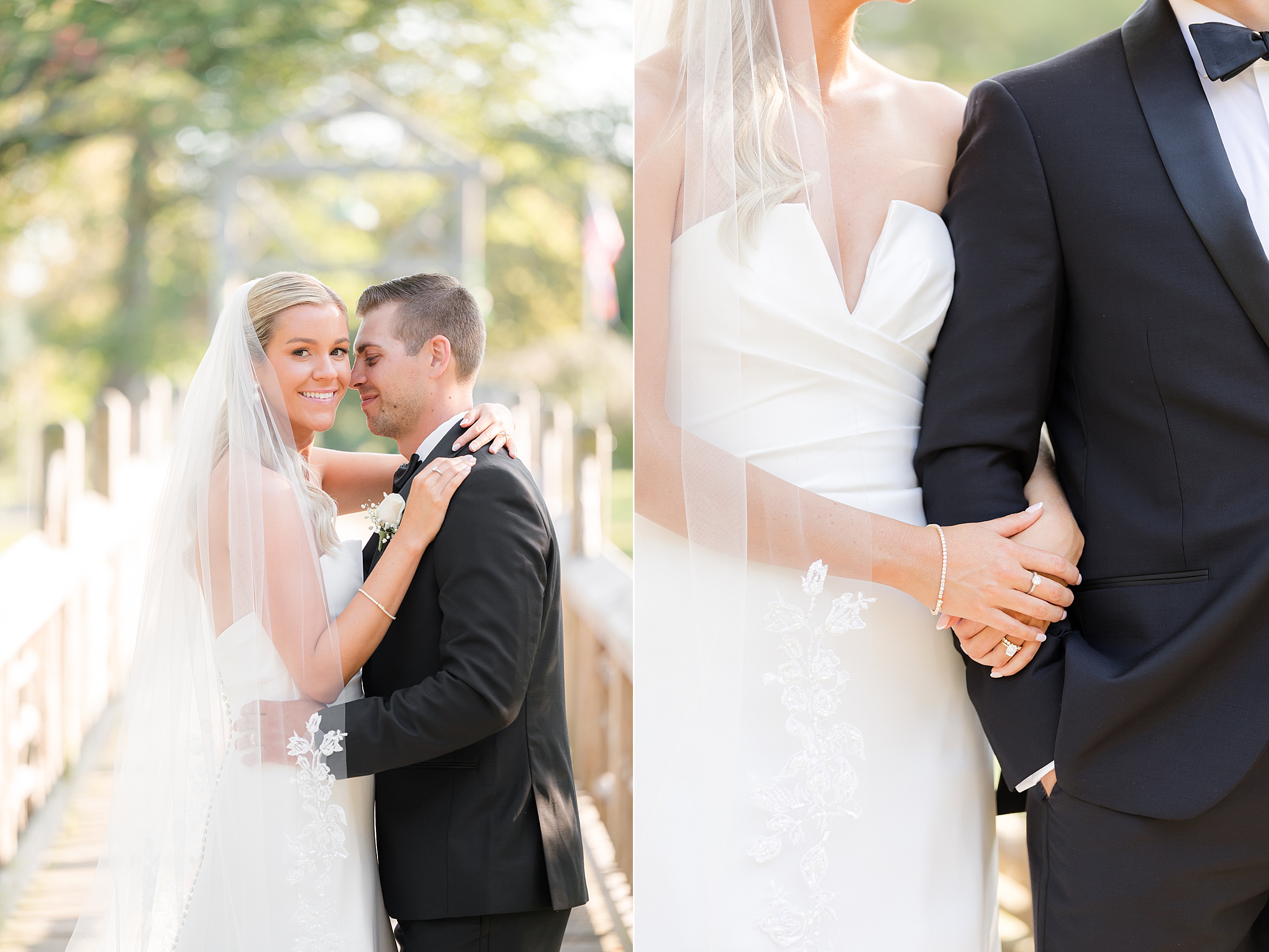 Bride smiles softly as she leans into her groom, sharing a quiet, romantic moment on a wooden bridge