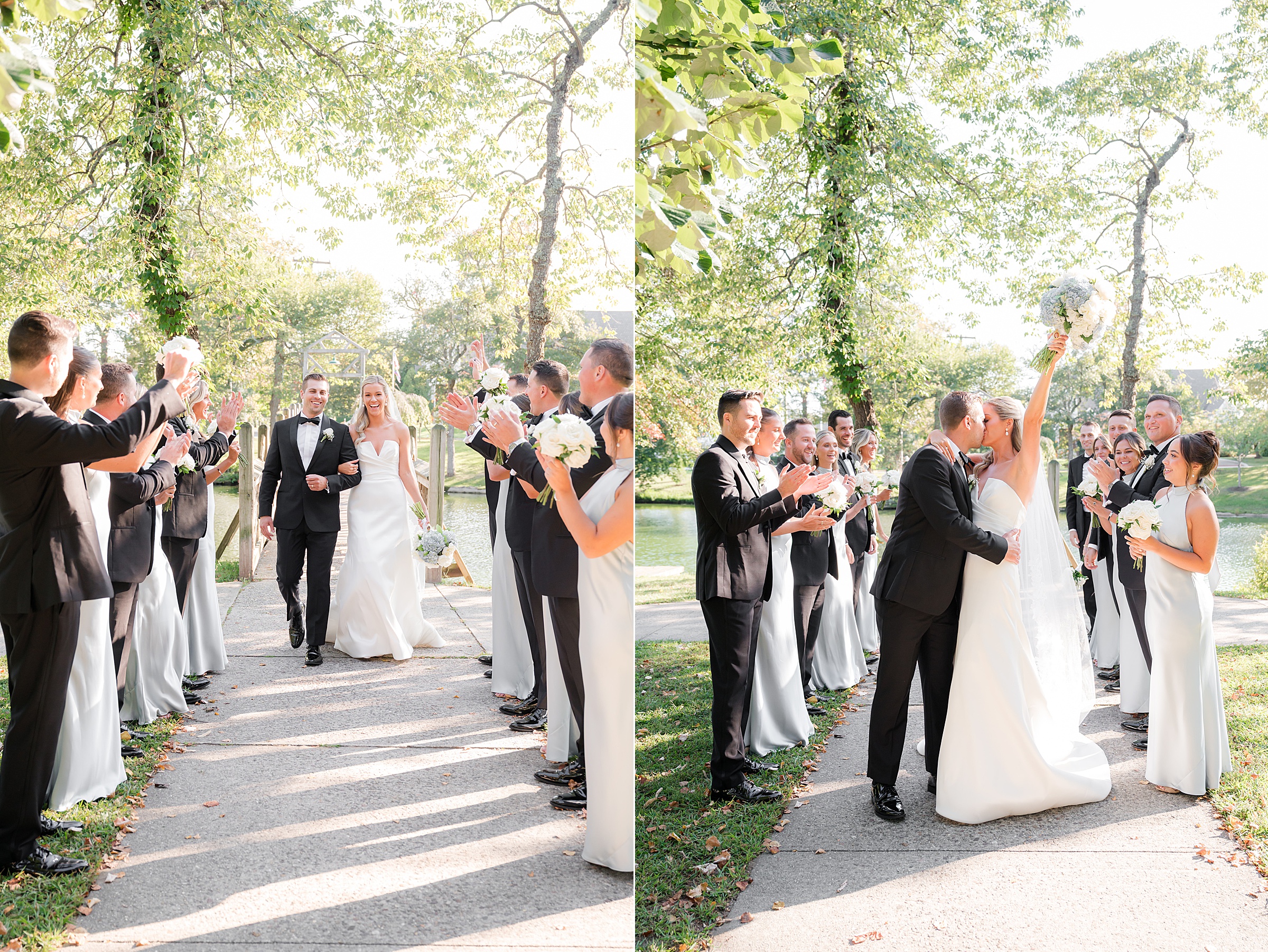 Newlyweds walk together through cheering loved ones, celebrating the start of their forever.