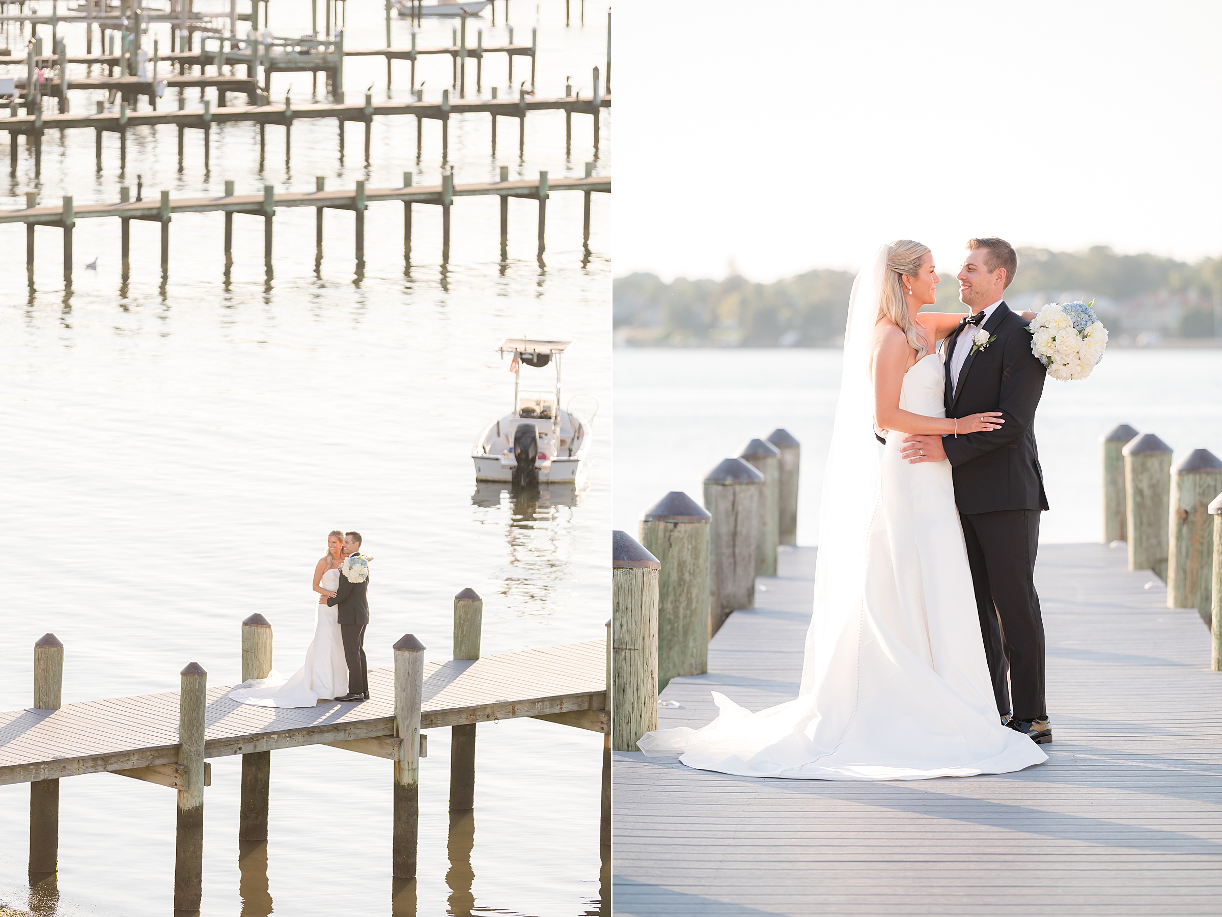 Bride and groom stands wrapped in each other’s arms on a sunlit dock, surrounded by calm waters and golden light