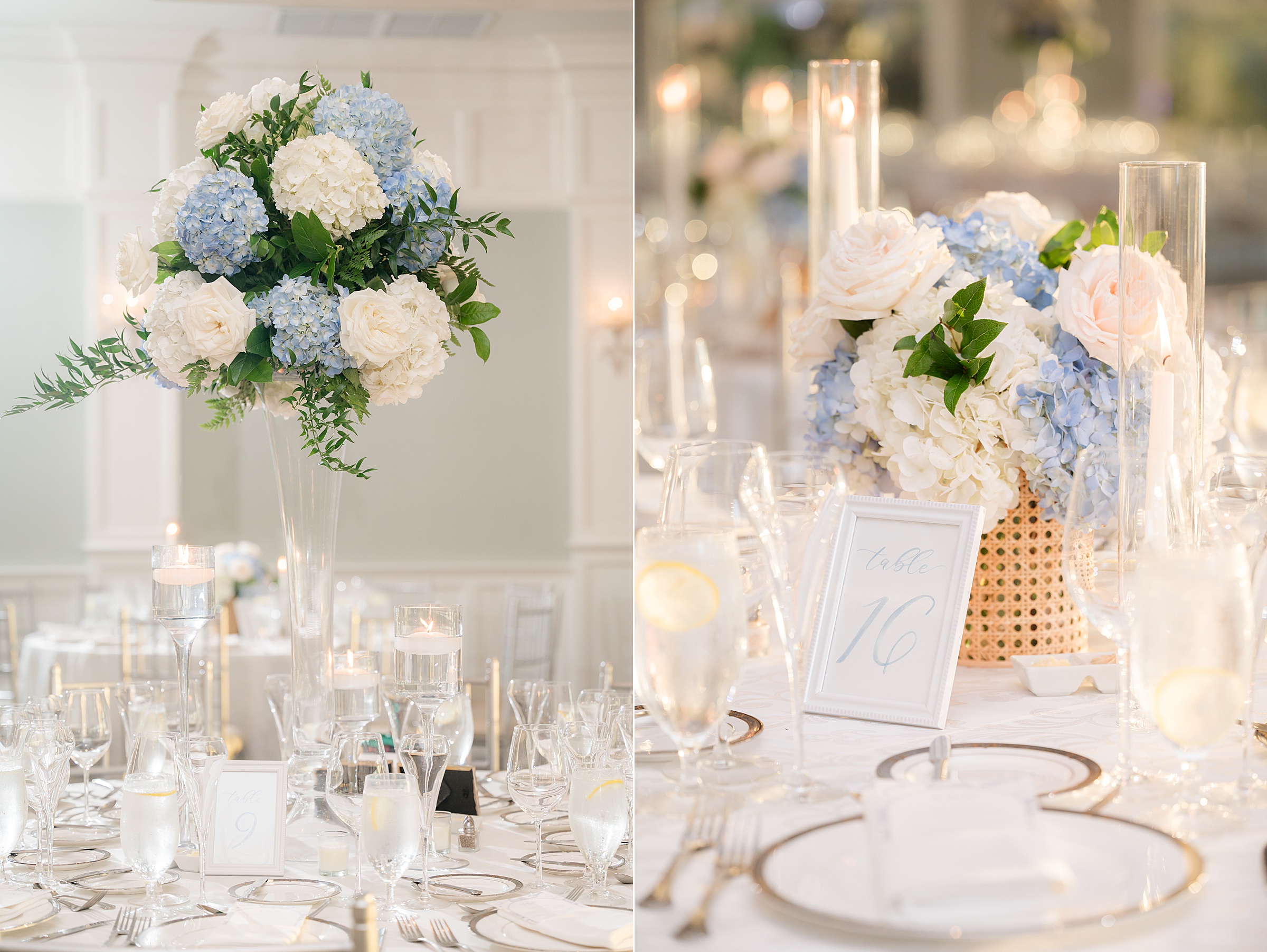 Lush white and blue florals bloom gracefully atop candlelit tables, setting a romantic and refined atmosphere.