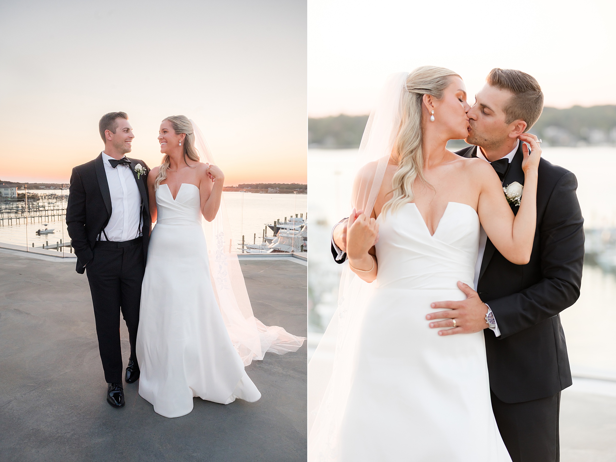 Groom gently holds the bride as they kiss, wrapped in the warmth of golden evening light