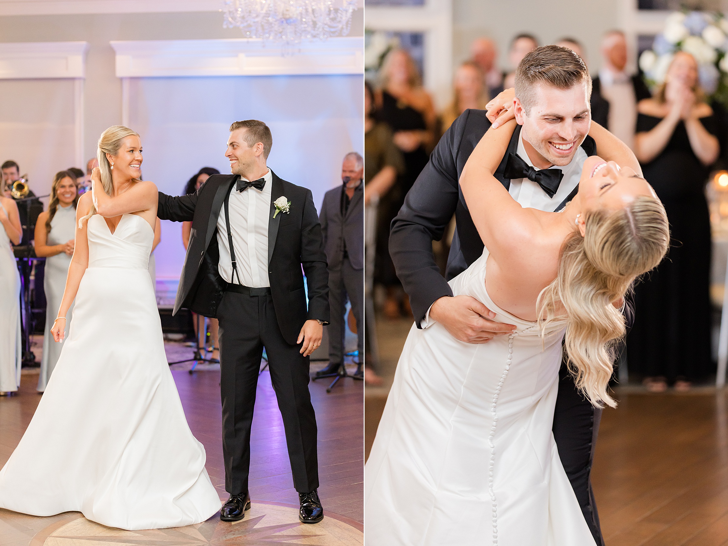 Bride and groom dance together with radiant smiles, then share a romantic dip as they lose themselves in each other’s arms