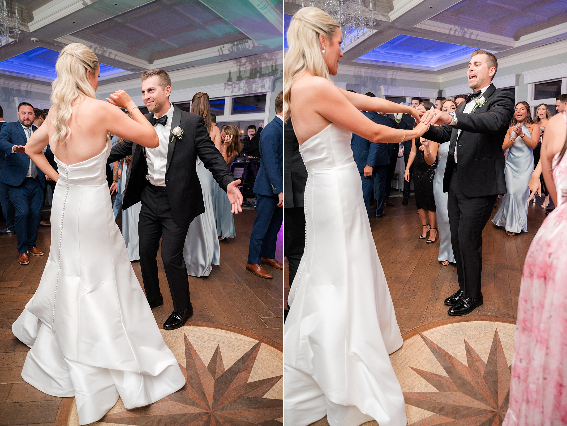 Bride and groom dance together with joyful energy, reaching for each other’s hands as they smile and laugh.