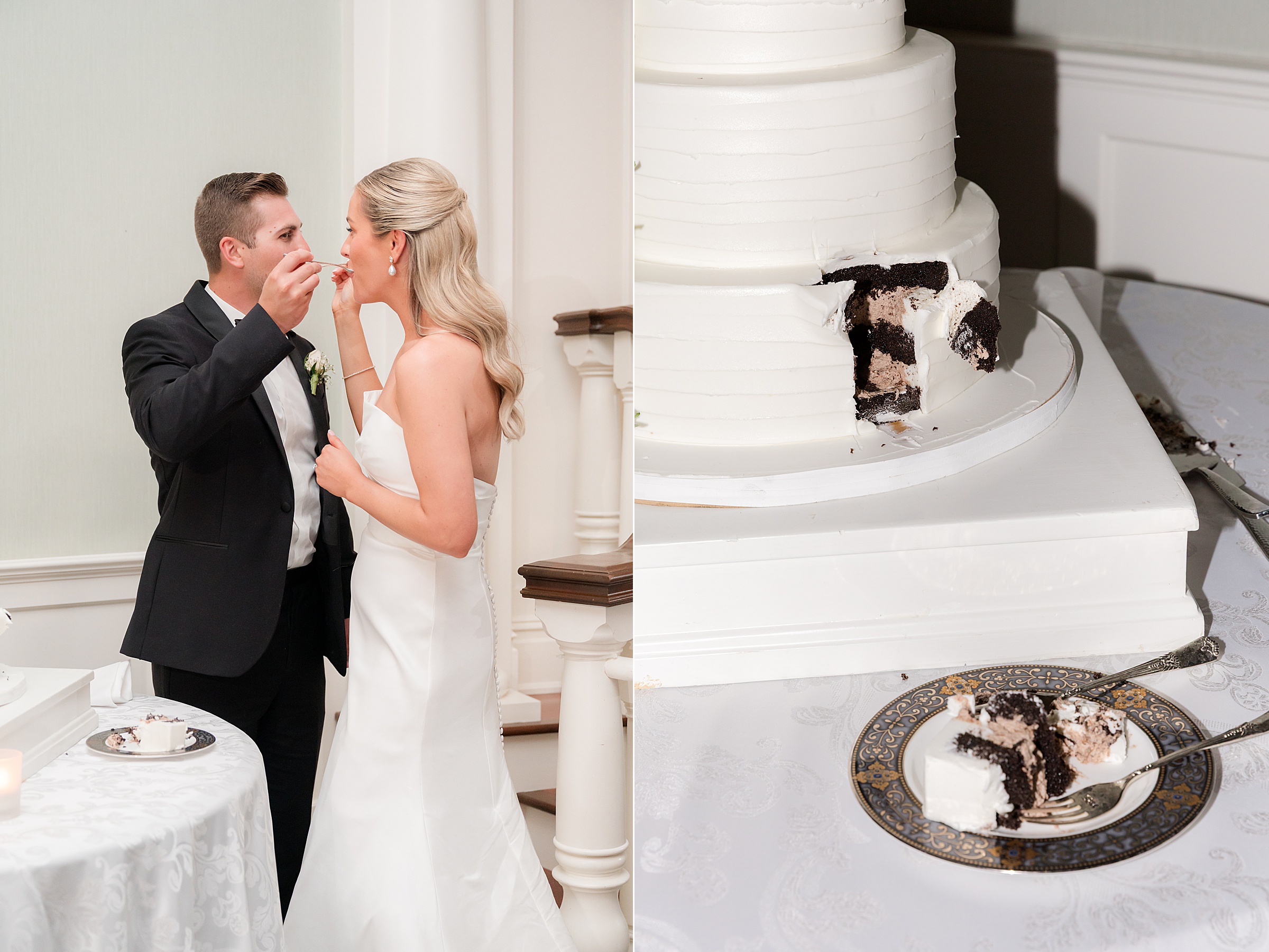 Groom gently feeds the bride a bite of cake, both smiling in a sweet, intimate exchange.