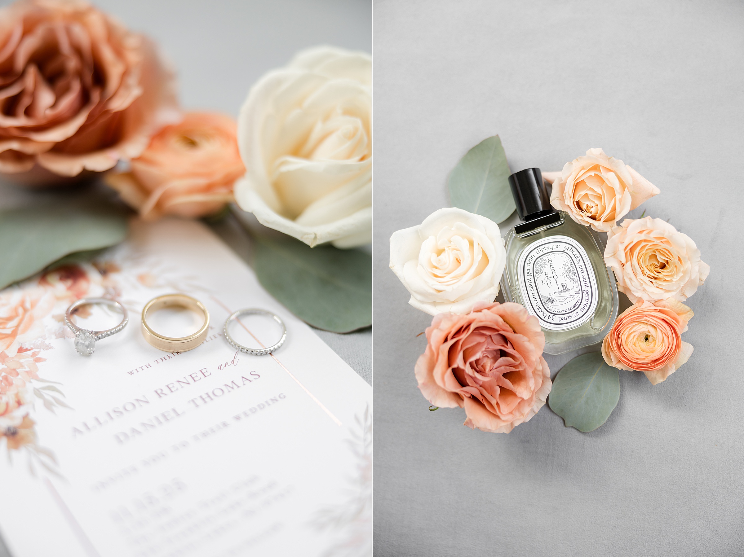 Wedding rings on an invitation with flowers and perfume bottle surrounded by peach and cream roses