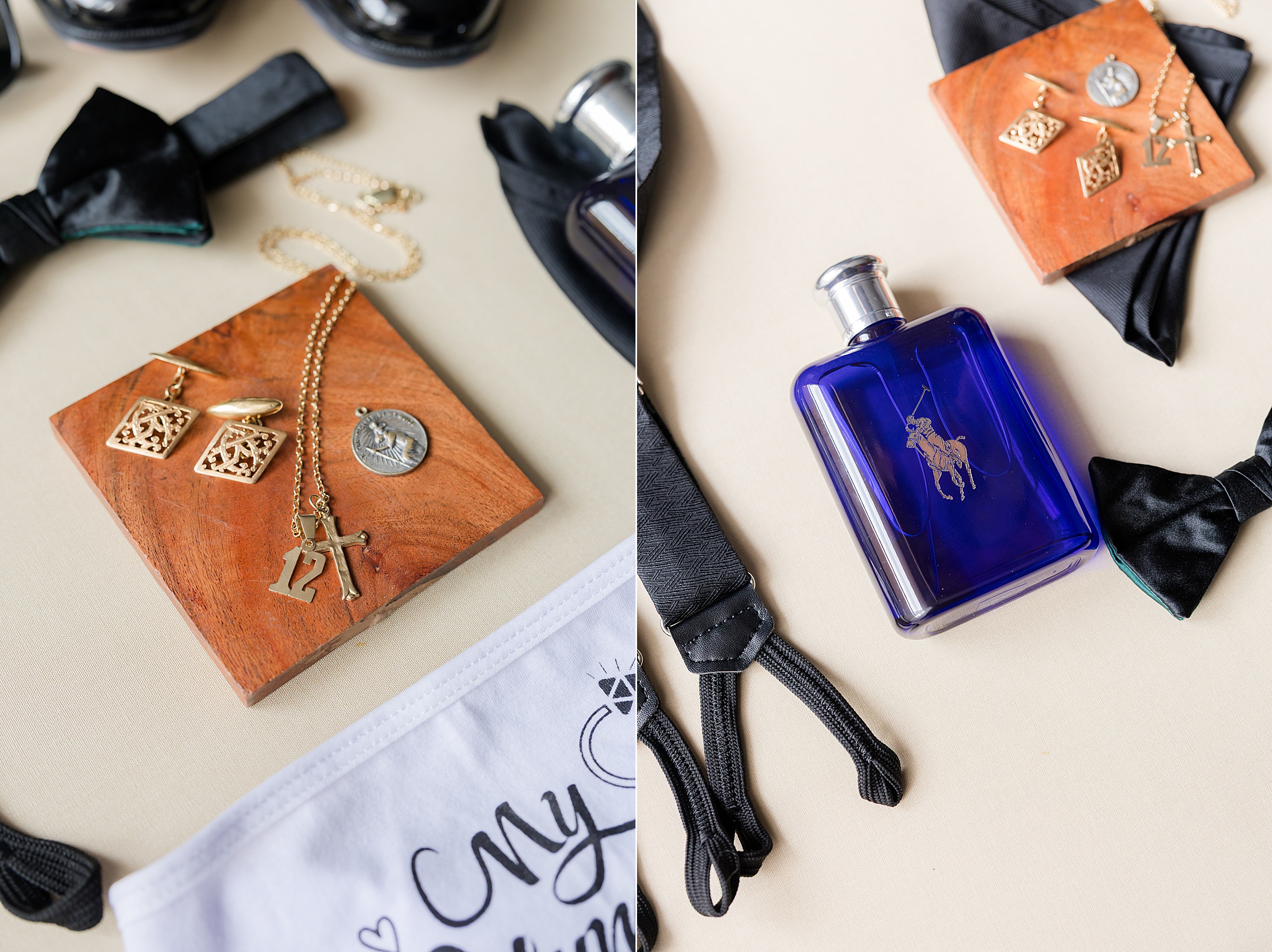 Wedding flat lay of jewelry, cufflinks, bow tie, and cologne arranged on a table