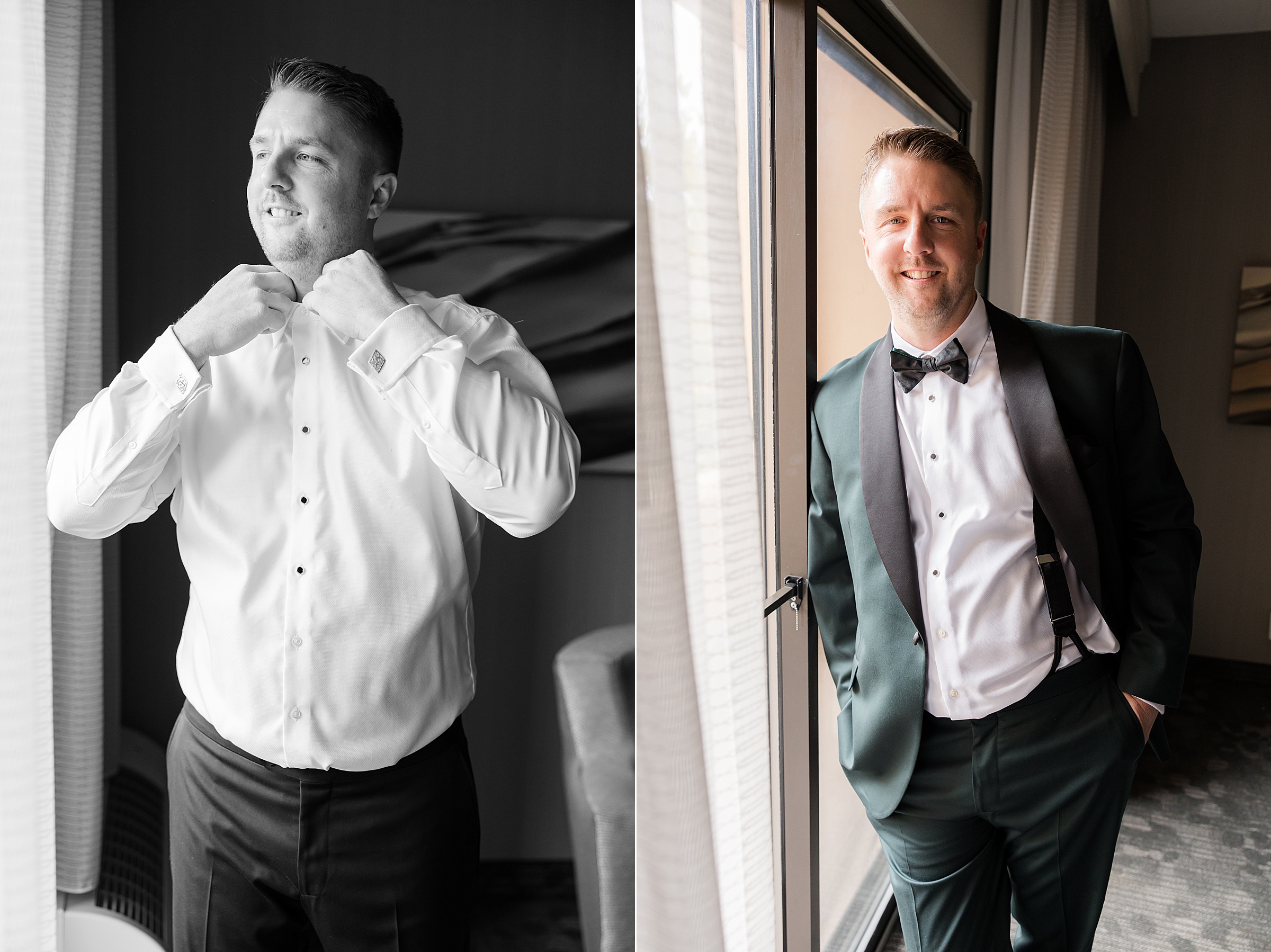 Groom getting ready, adjusting his shirt and posing by a window in a green suit.
