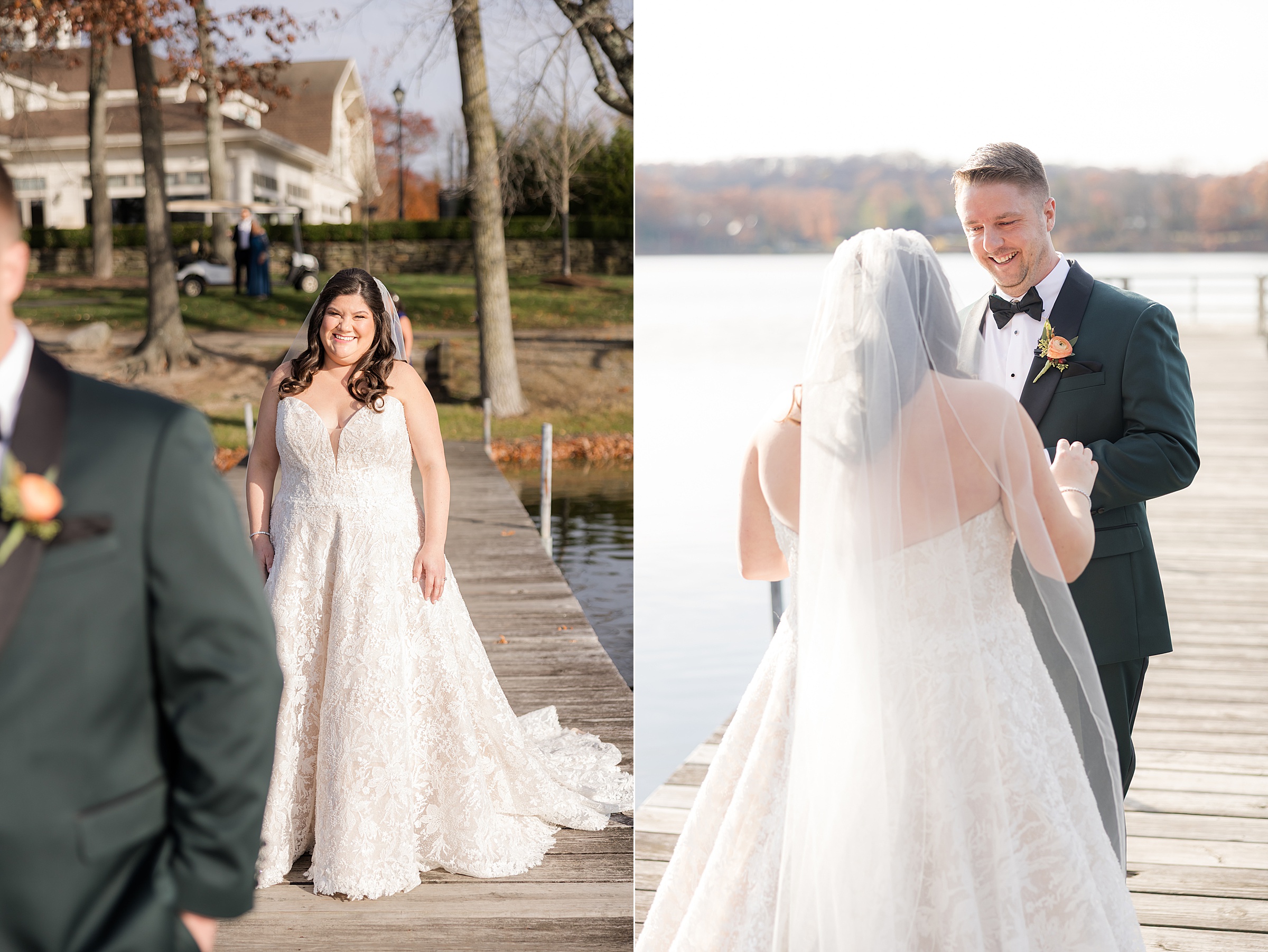Bride and groom share a heartfelt first look on a sunlit dock, smiling as they see each other for the first time
