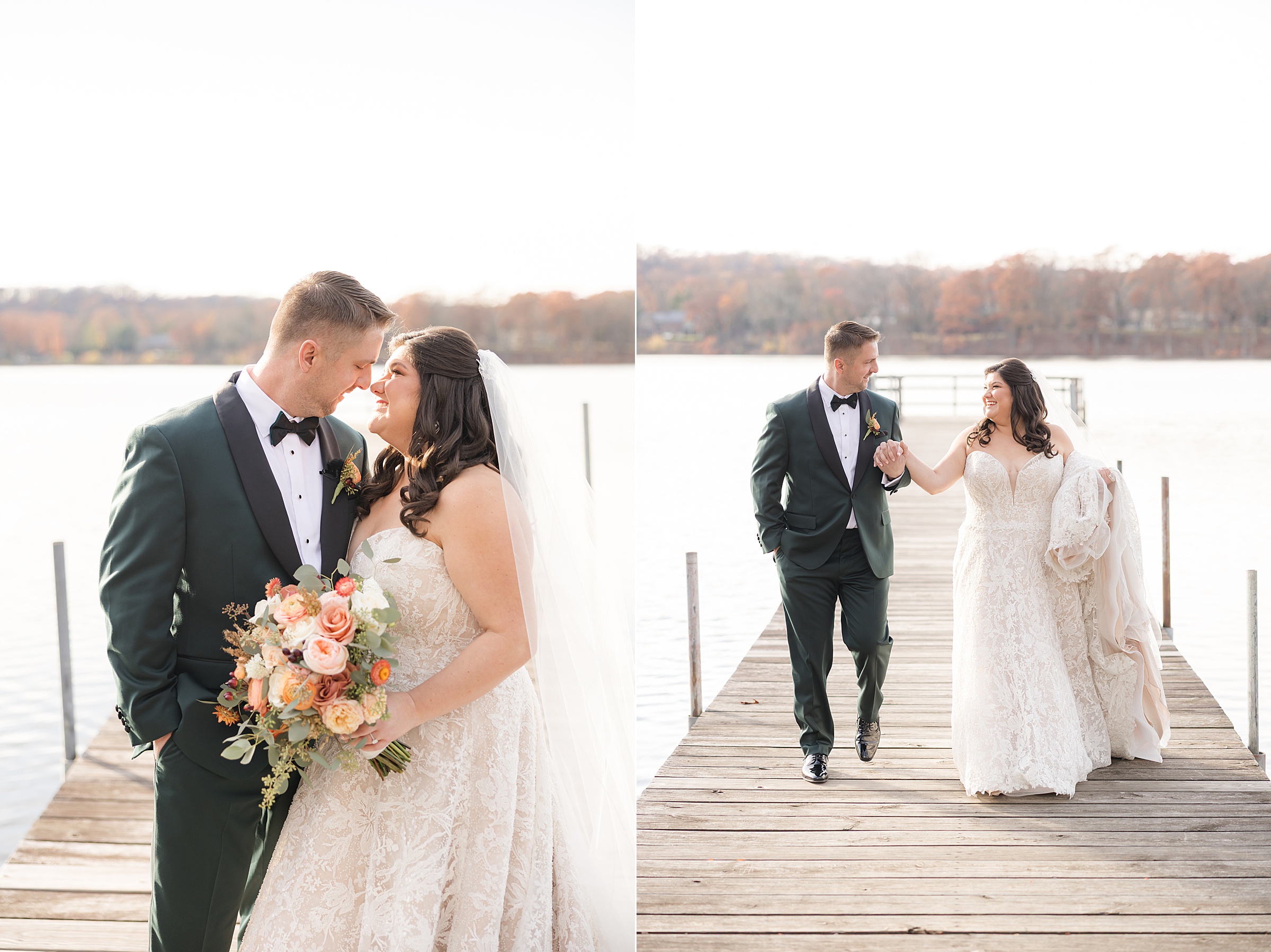 Bride and groom share a quiet, loving moment on a dock before walking together by the water