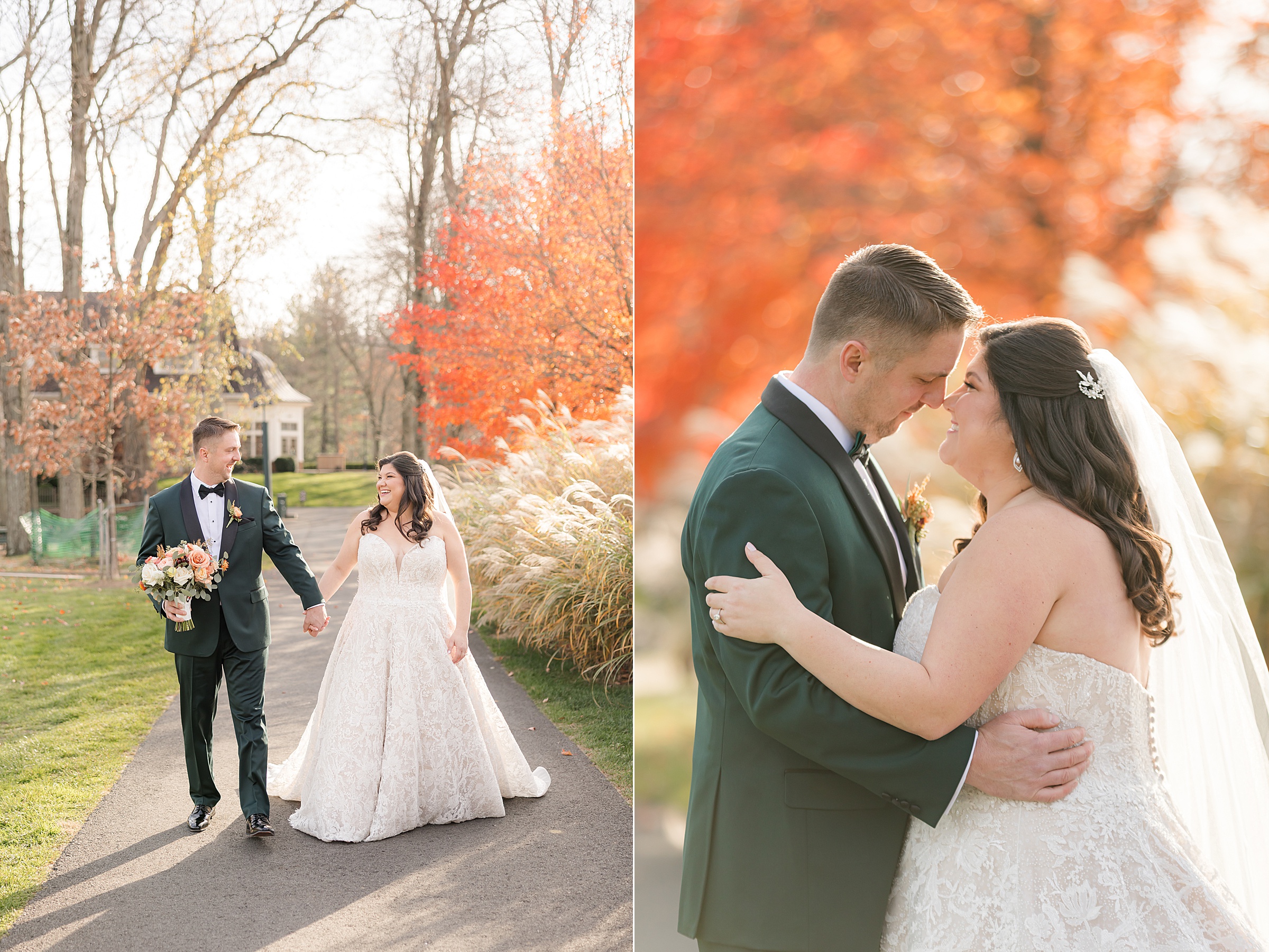 Bride and groom walk together along a tree lined path, then share a tender embrace beneath glowing autumn leaves