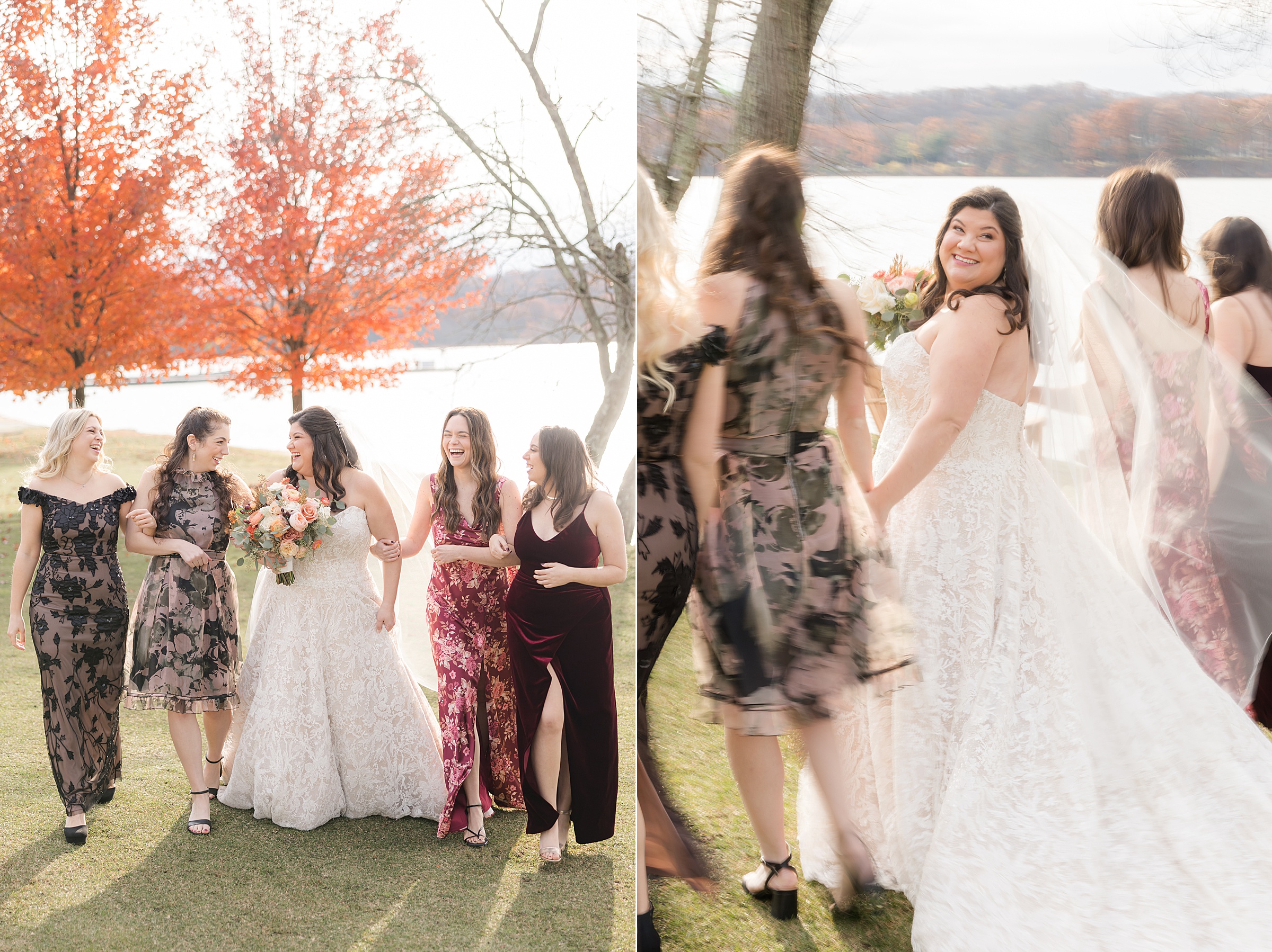 Bride and bridesmaids laughing together while walking outdoors warm sunlight and fall trees behind them