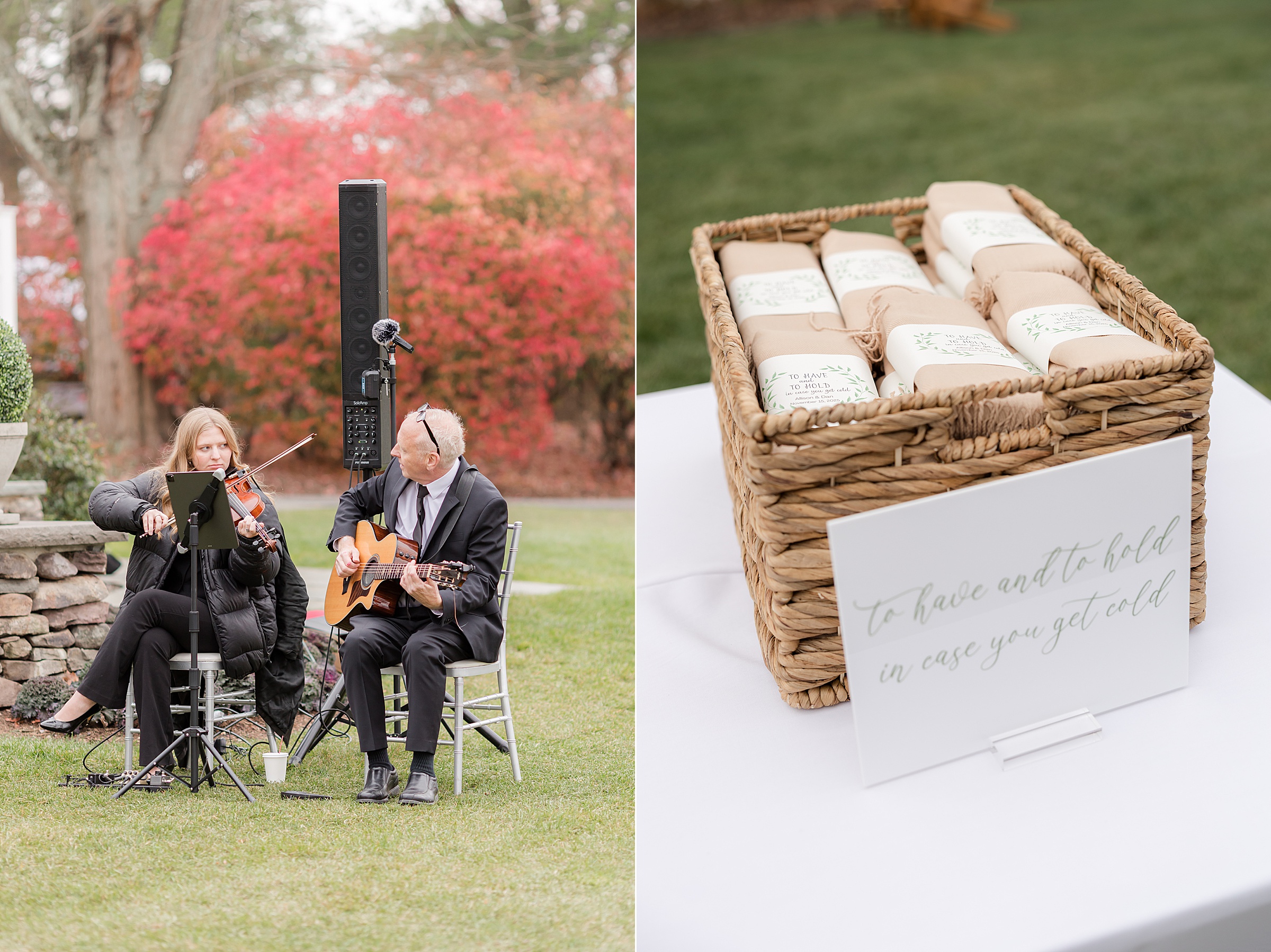 Musicians playing violin and guitar outdoors during a wedding ceremony beside audio equipment, next to a basket of rolled blankets labeled