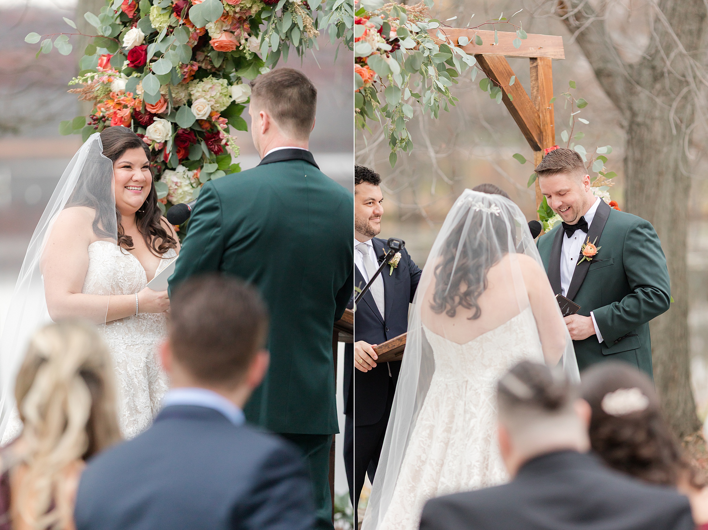 Bride and groom exchange vows beneath a lush floral arch, smiling and holding hands as they share a tender, romantic moment surrounded by loved ones