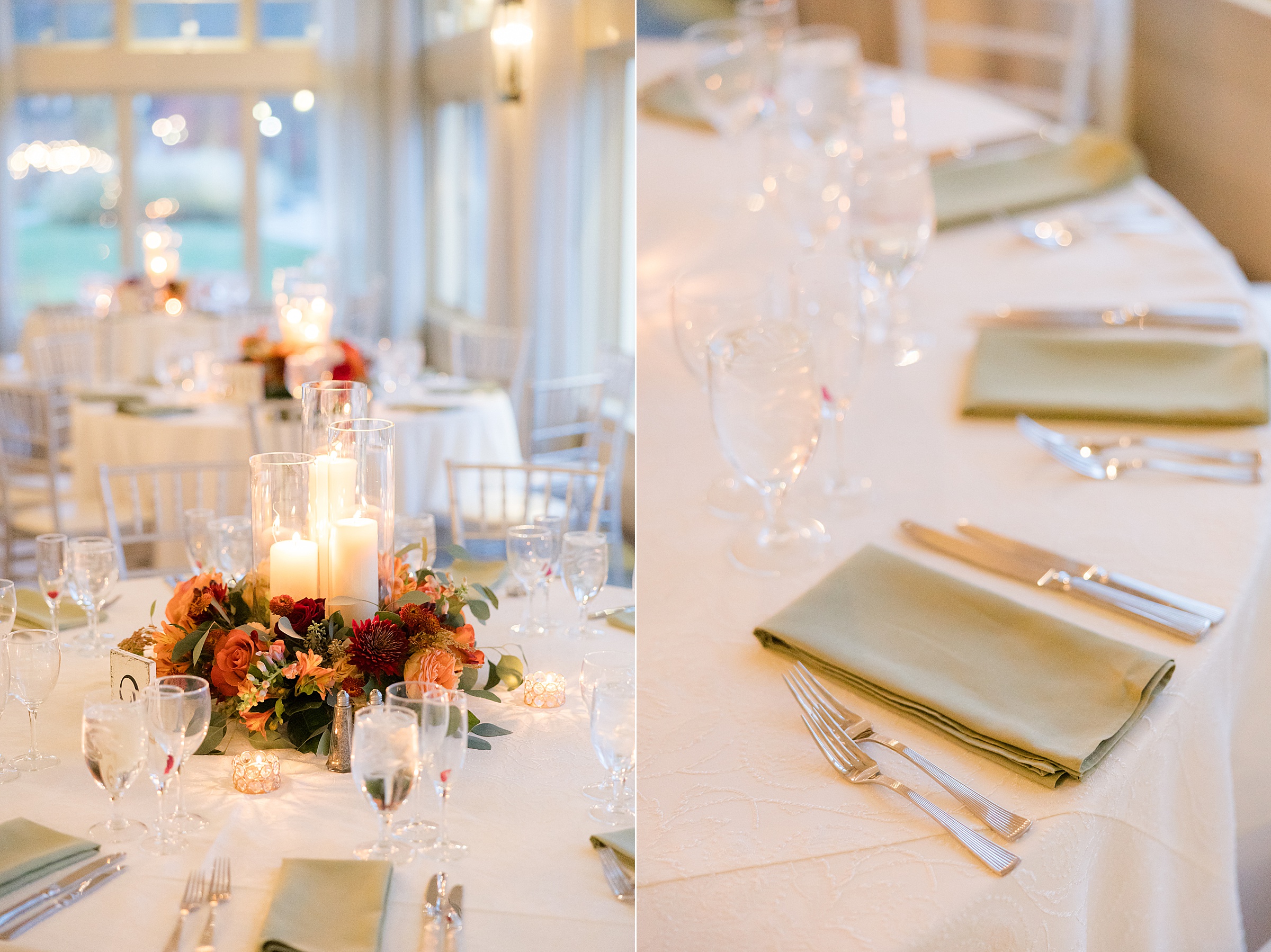 Elegant reception table with glowing candle centerpieces and warm-toned floral arrangements, alongside a refined place setting with a folded sage green napkin, silverware, and glassware on a white tablecloth.