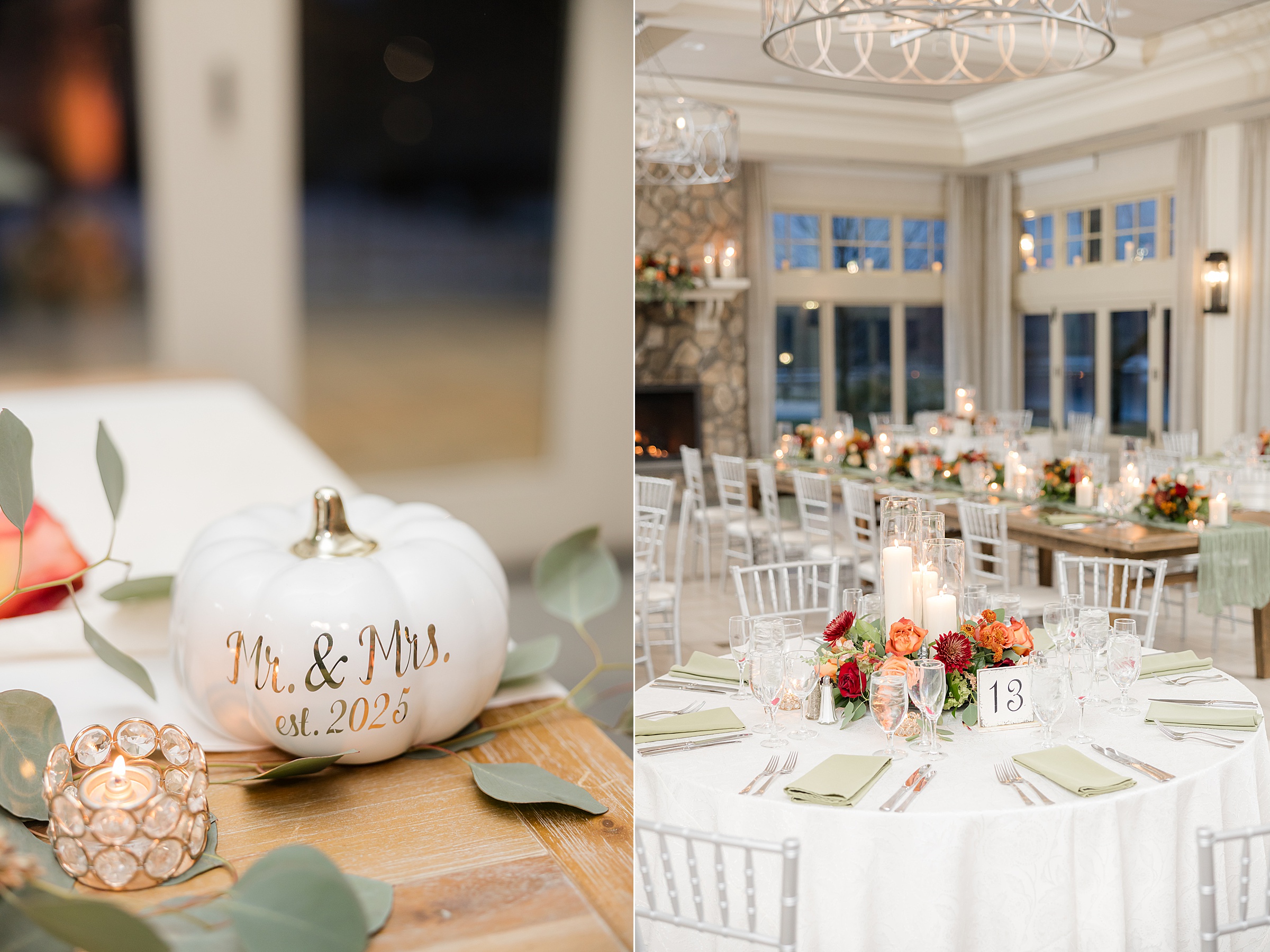 White pumpkin labeled “Mr. & Mrs. est. 2025” next to a candle, paired with a wide view of decorated reception tables with floral centerpieces and candles.