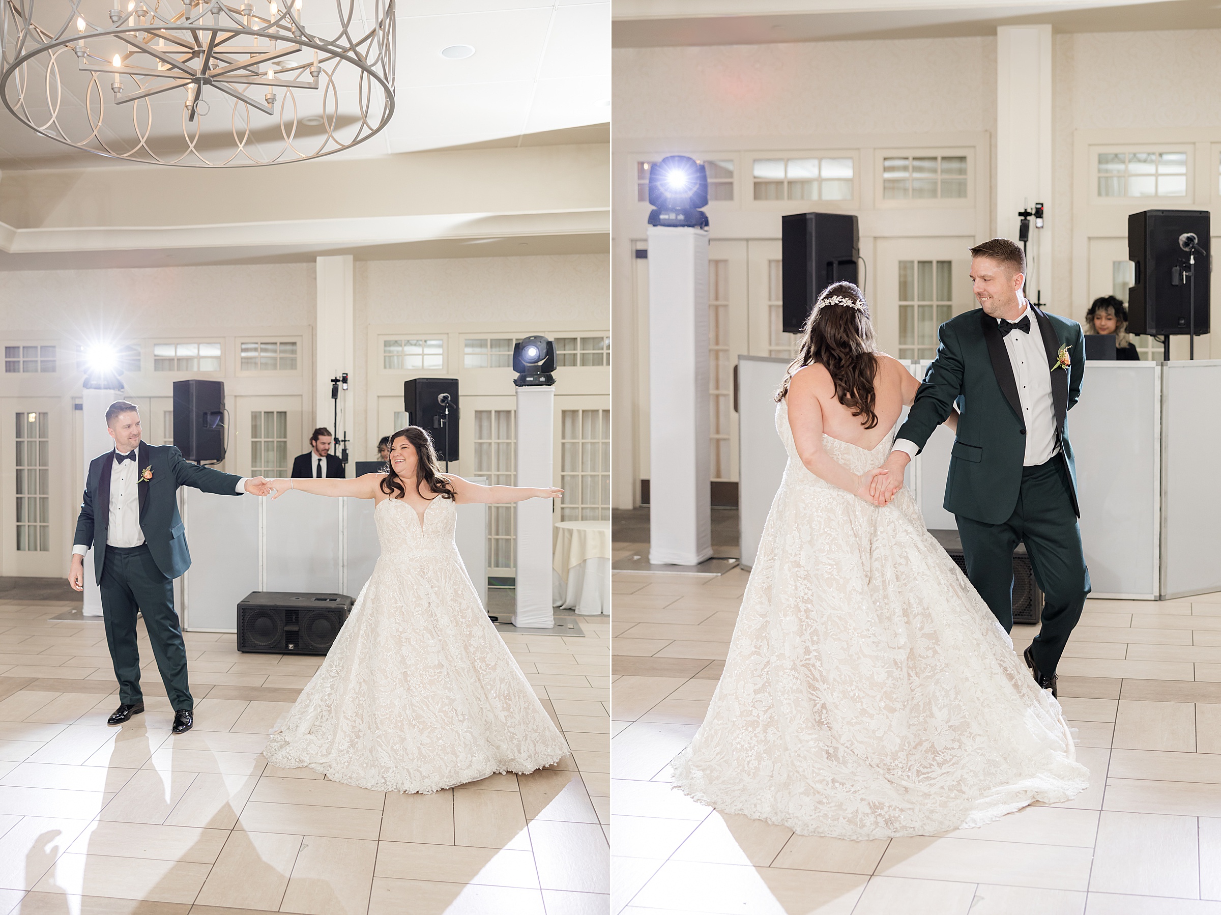 Bride and groom dancing during their reception, holding hands and spinning across the dance floor under bright lights