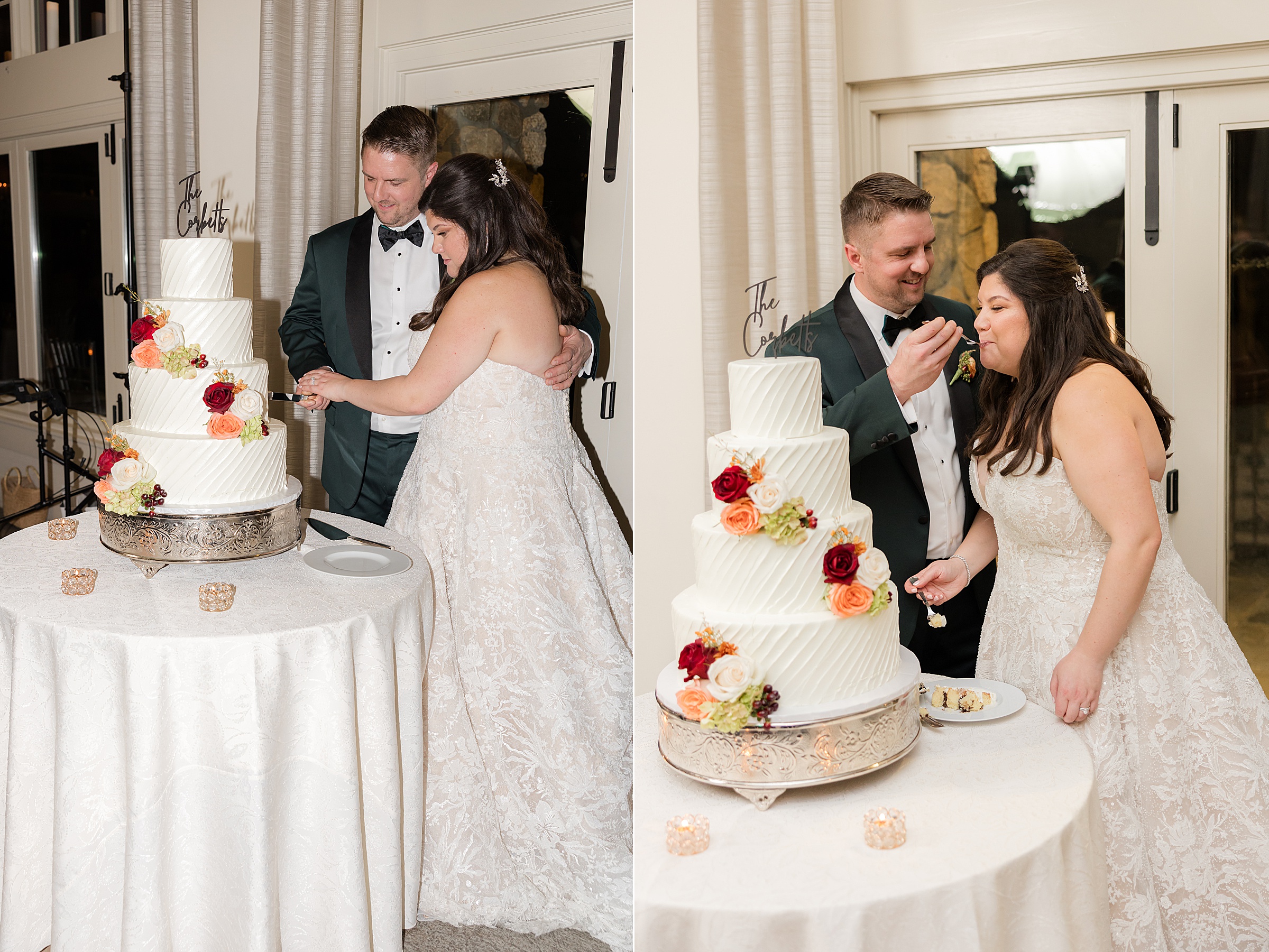 Groom feeds the bride a bite of cake as she leans in, smiling