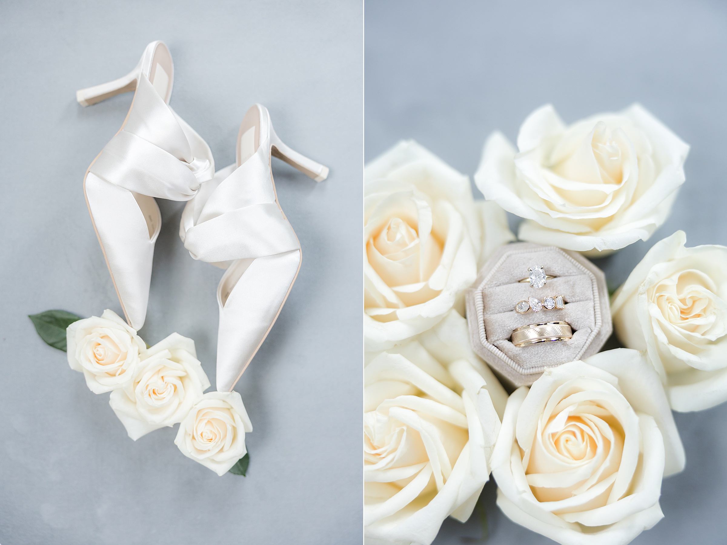 White bridal heels and wedding rings arranged with white roses on a soft blue 