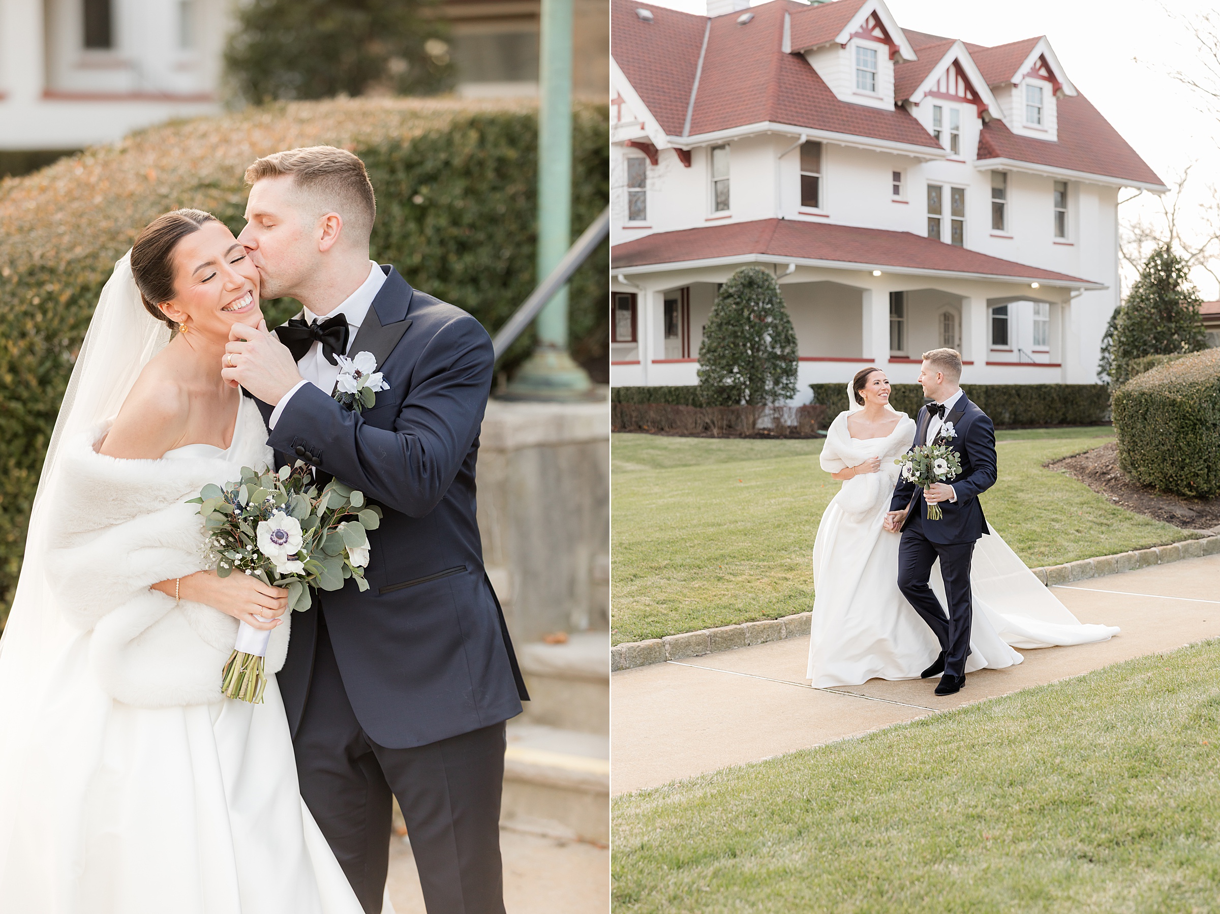Groom gently kisses the bride’s cheek as she smiles, holding a bouquet of soft white and purple flowers.