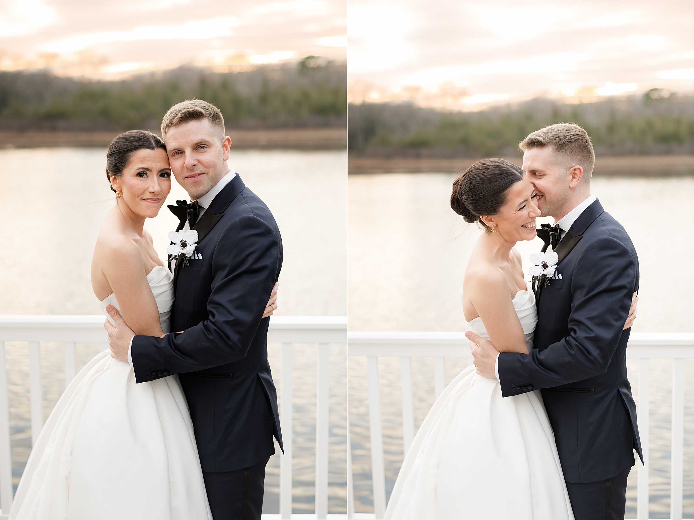 Bride and groom embrace by the water at sunset, sharing a tender smile and an intimate moment together.