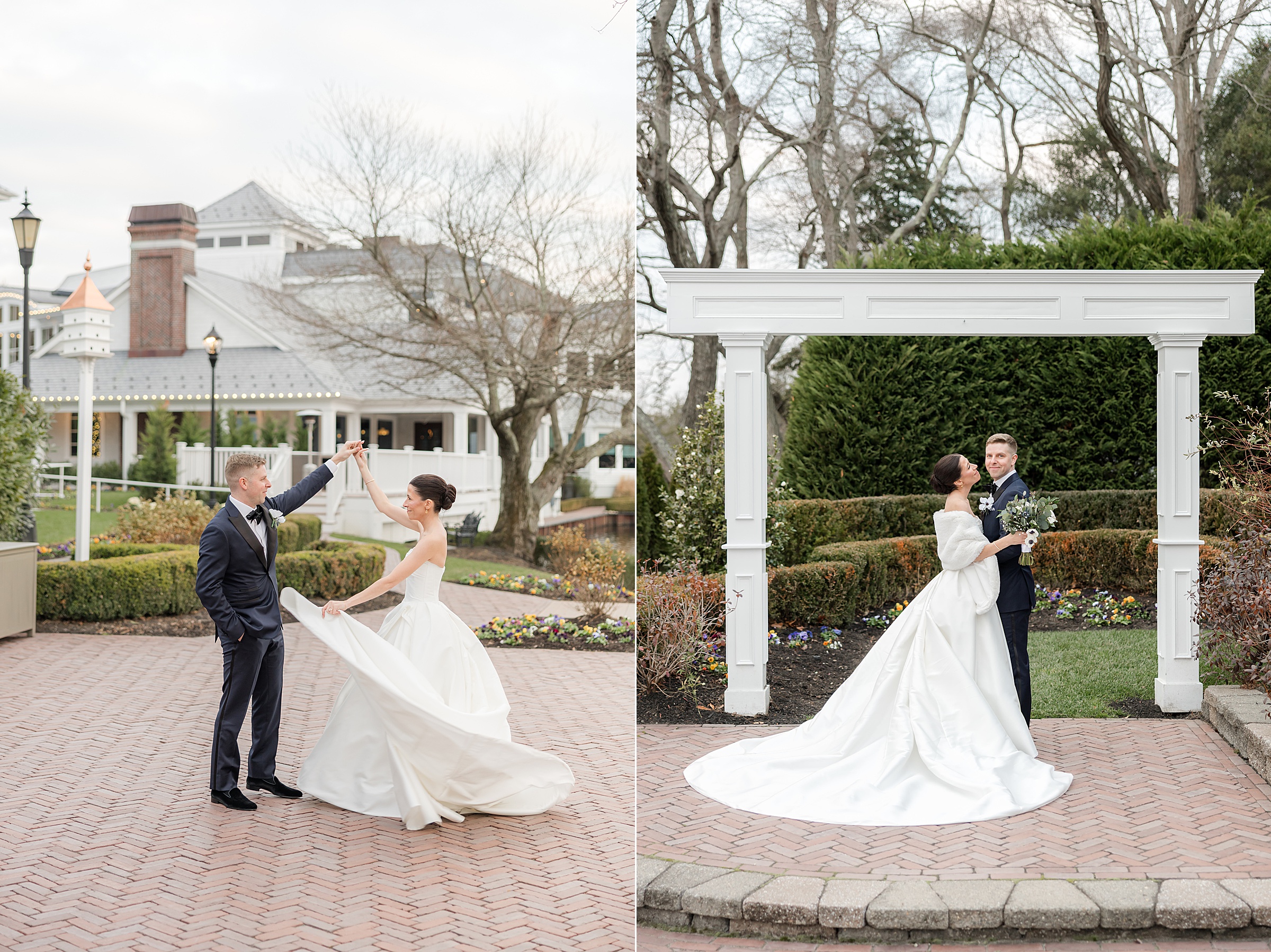 Groom twirls his bride as her dress sweeps gracefully across the brick courtyard, followed by a quiet moment beneath a white garden arbor where they hold each other close, surrounded by soft greenery and timeless charm.