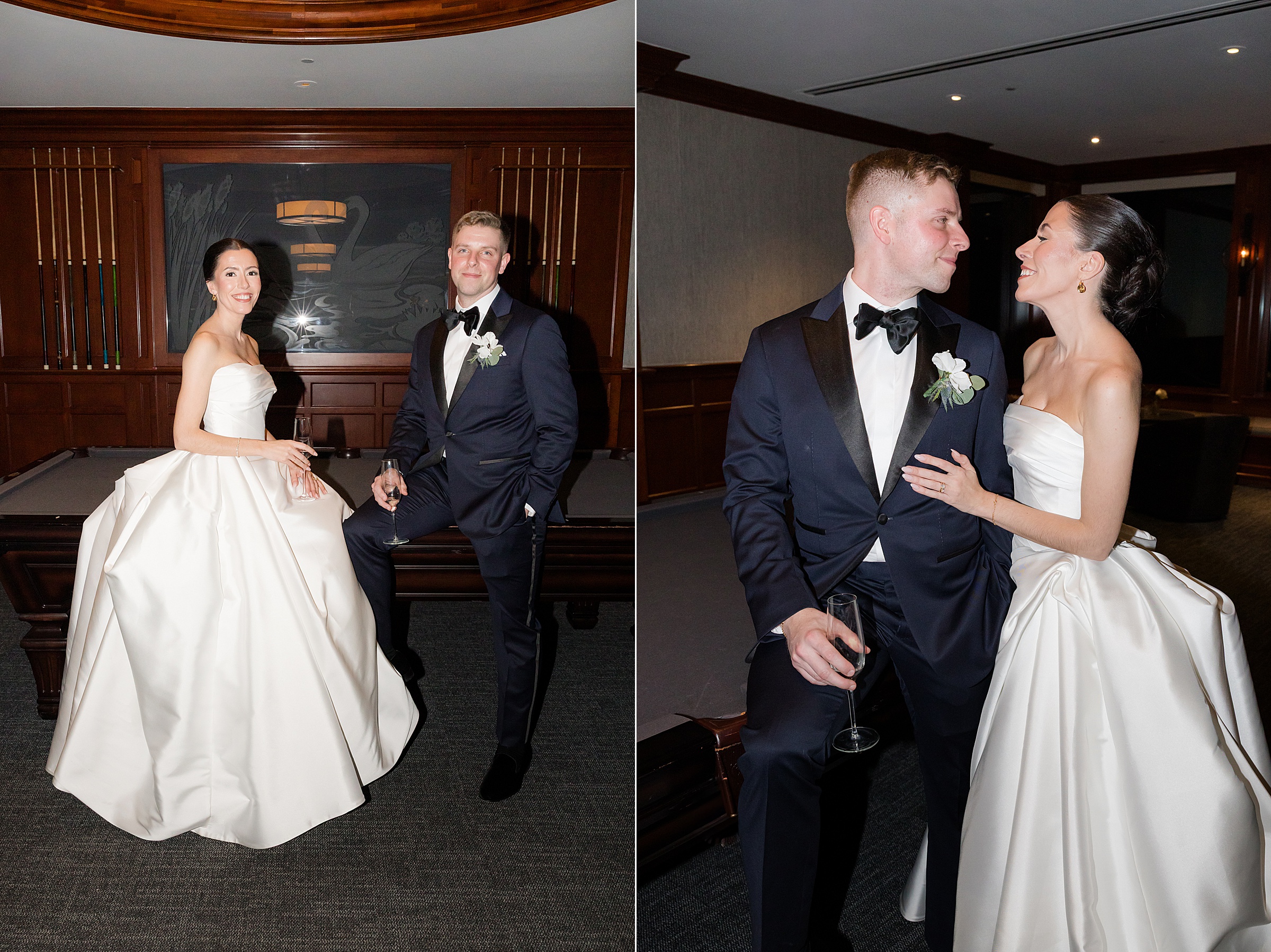Bride and groom posing together in a lounge with a pool table, smiling and holding drinks while sharing a relaxed, intimate moment.
