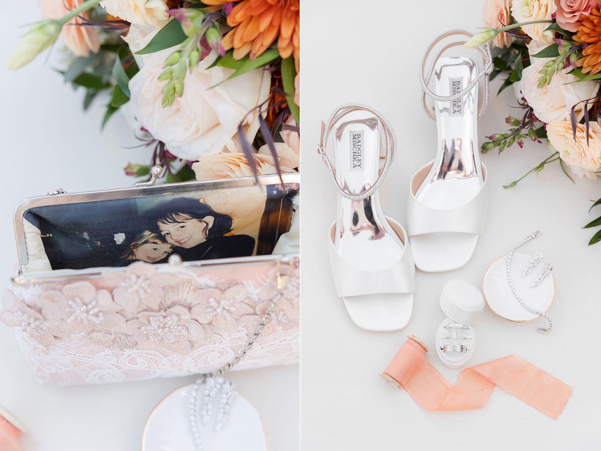 Wedding flat lay featuring a delicate lace bridal clutch with a cherished childhood photo tucked inside, paired with elegant white heels, sparkling jewelry, a ring box, and soft peach ribbon, all surrounded by lush blooms in warm, dreamy tones.