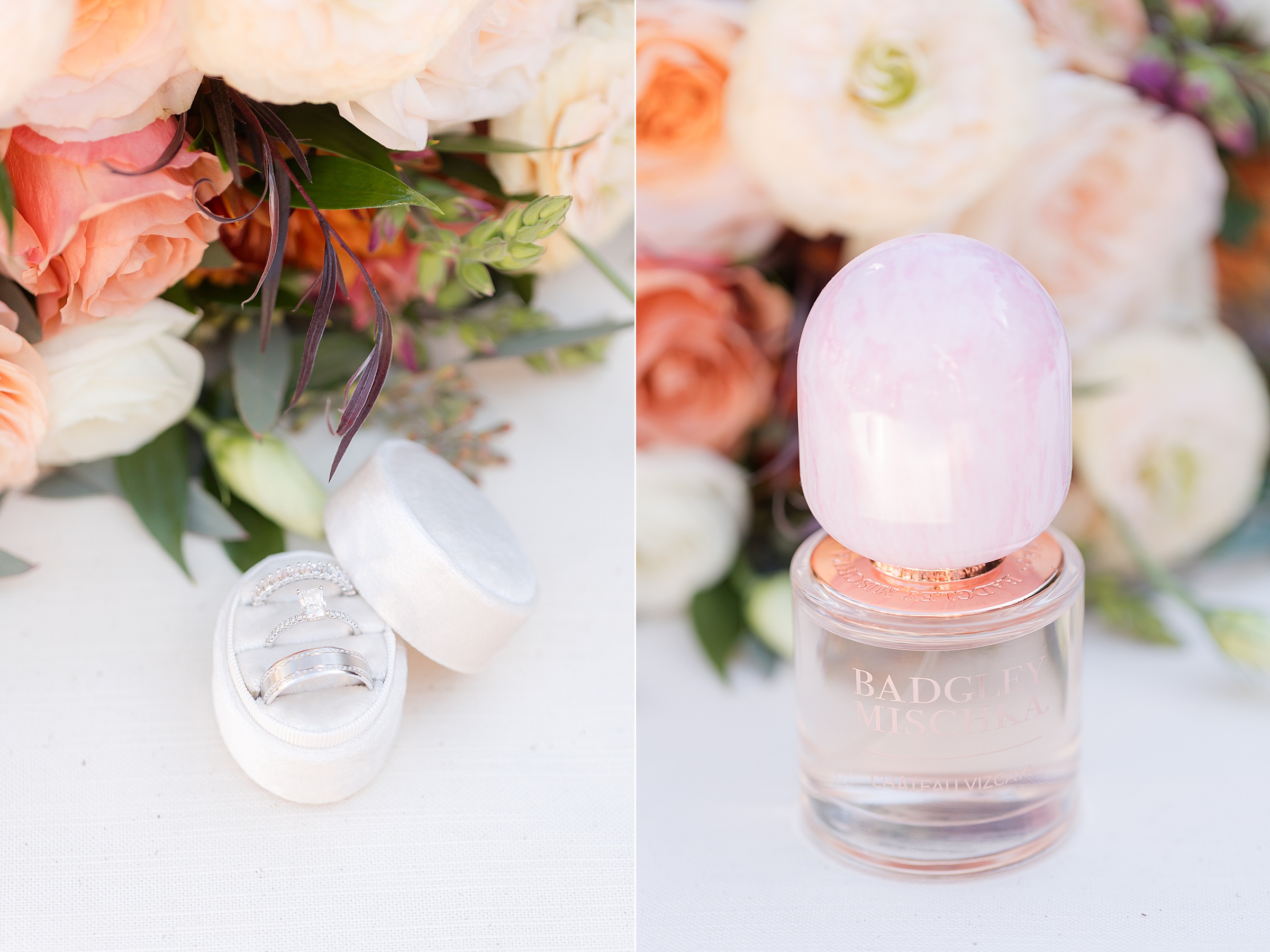 Engagement and wedding rings in a soft velvet box beside a lush bouquet of peach and cream blooms, paired with a blush-toned perfume bottle set against a dreamy floral backdrop.