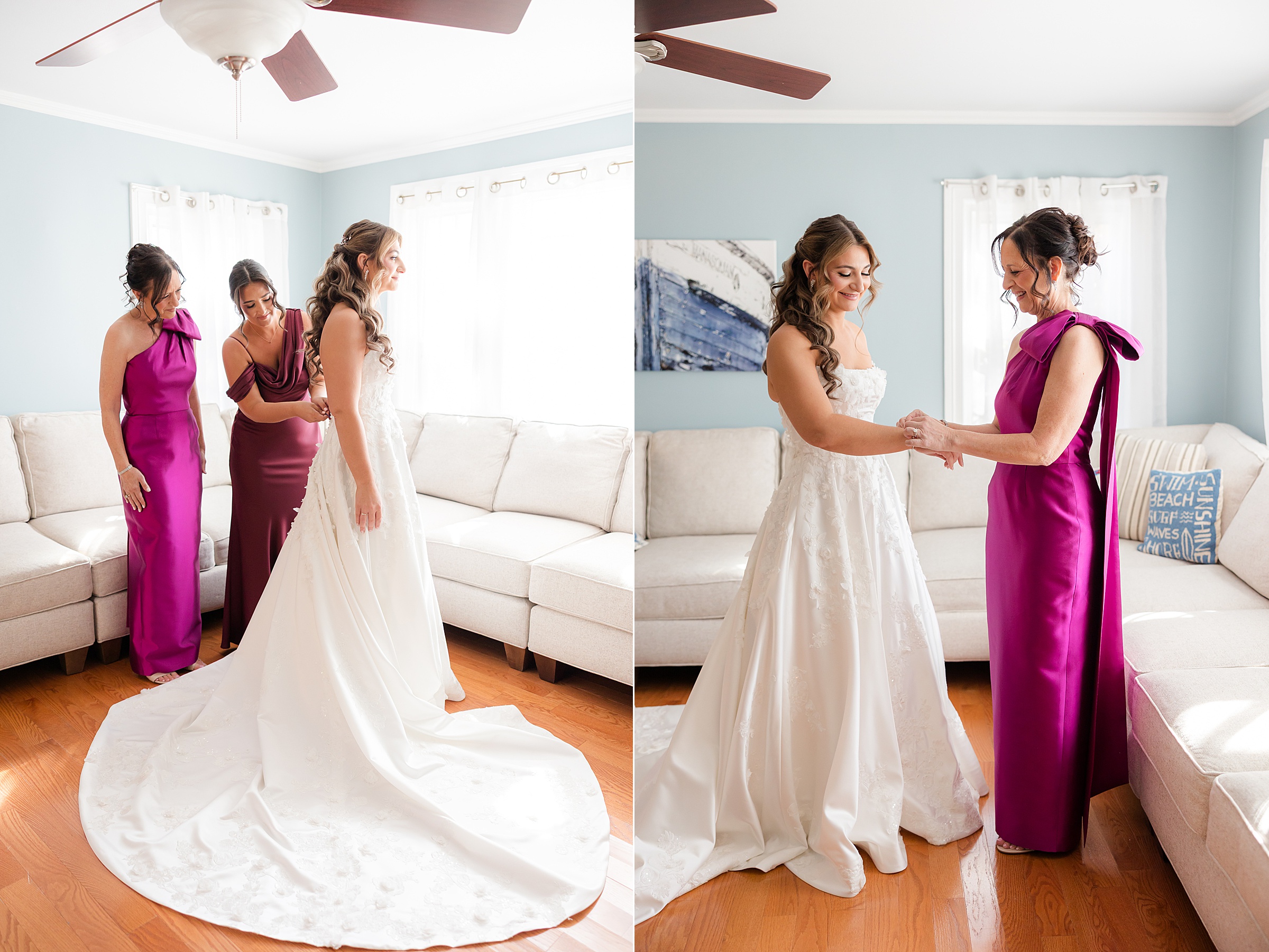 Bride in her wedding gown sharing a joyful getting-ready moment with her sister and mother as they help adjust her dress and fasten her bracelet.