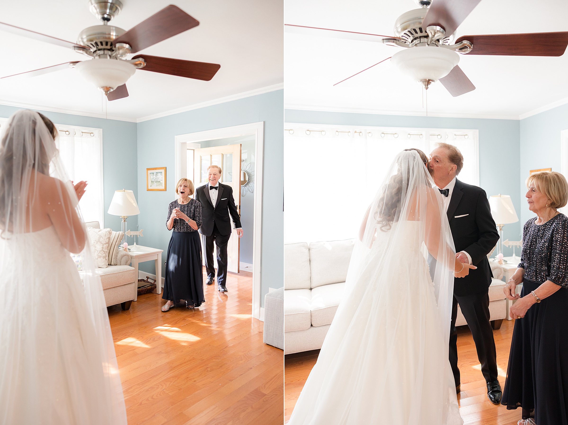 Bride shares an emotional first look with her grandparents, greeting them with excitement before embracing her grandfather as her grandmother looks on in a bright, sunlit room.
