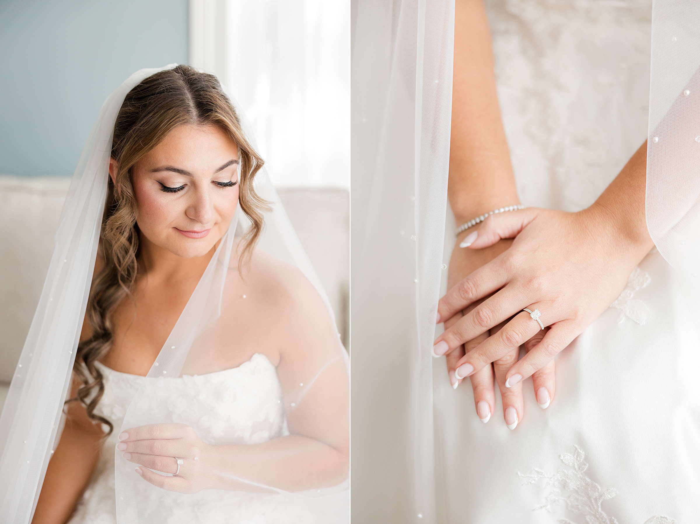 Bride softly holding her veil and looking down, alongside a close-up of her hands showing a diamond engagement ring and delicate bracelet against her wedding dress.