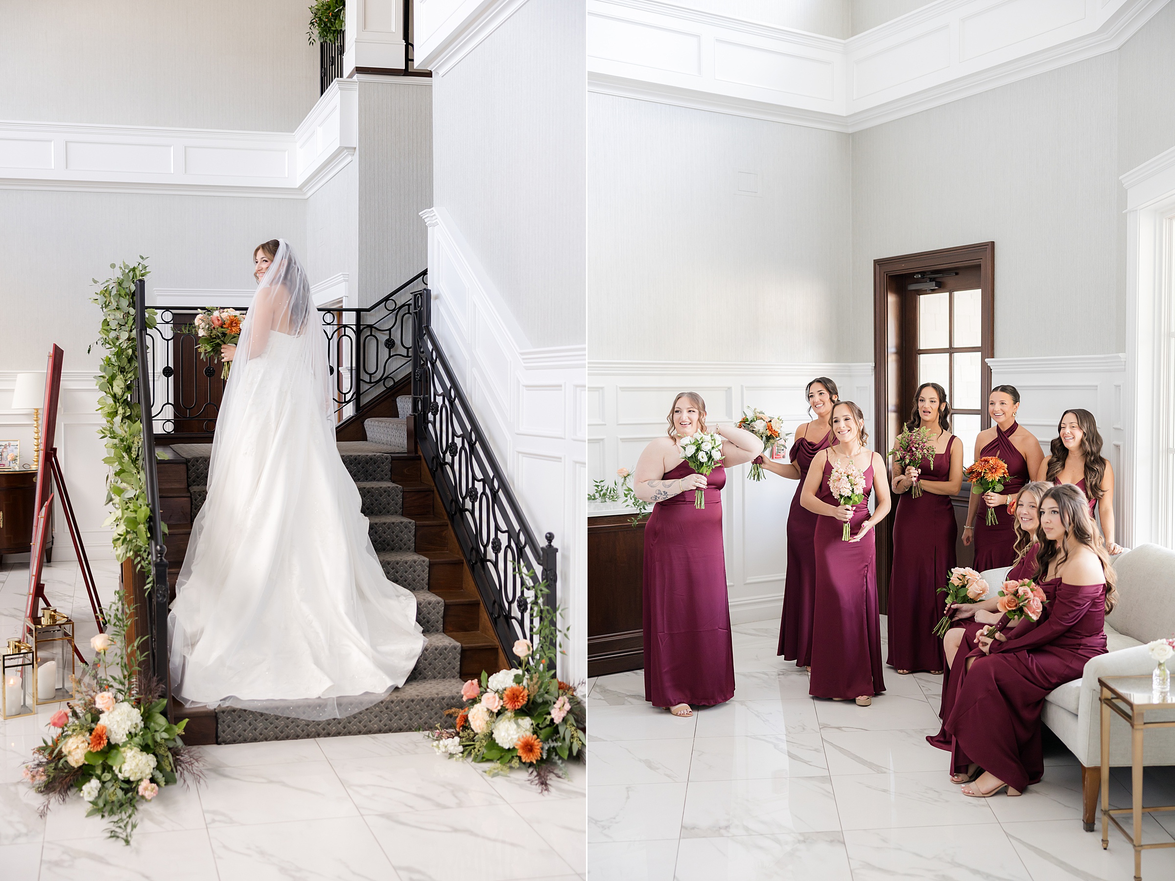 Bride walking up a staircase with her gown and bridesmaids posing together with bouquets.