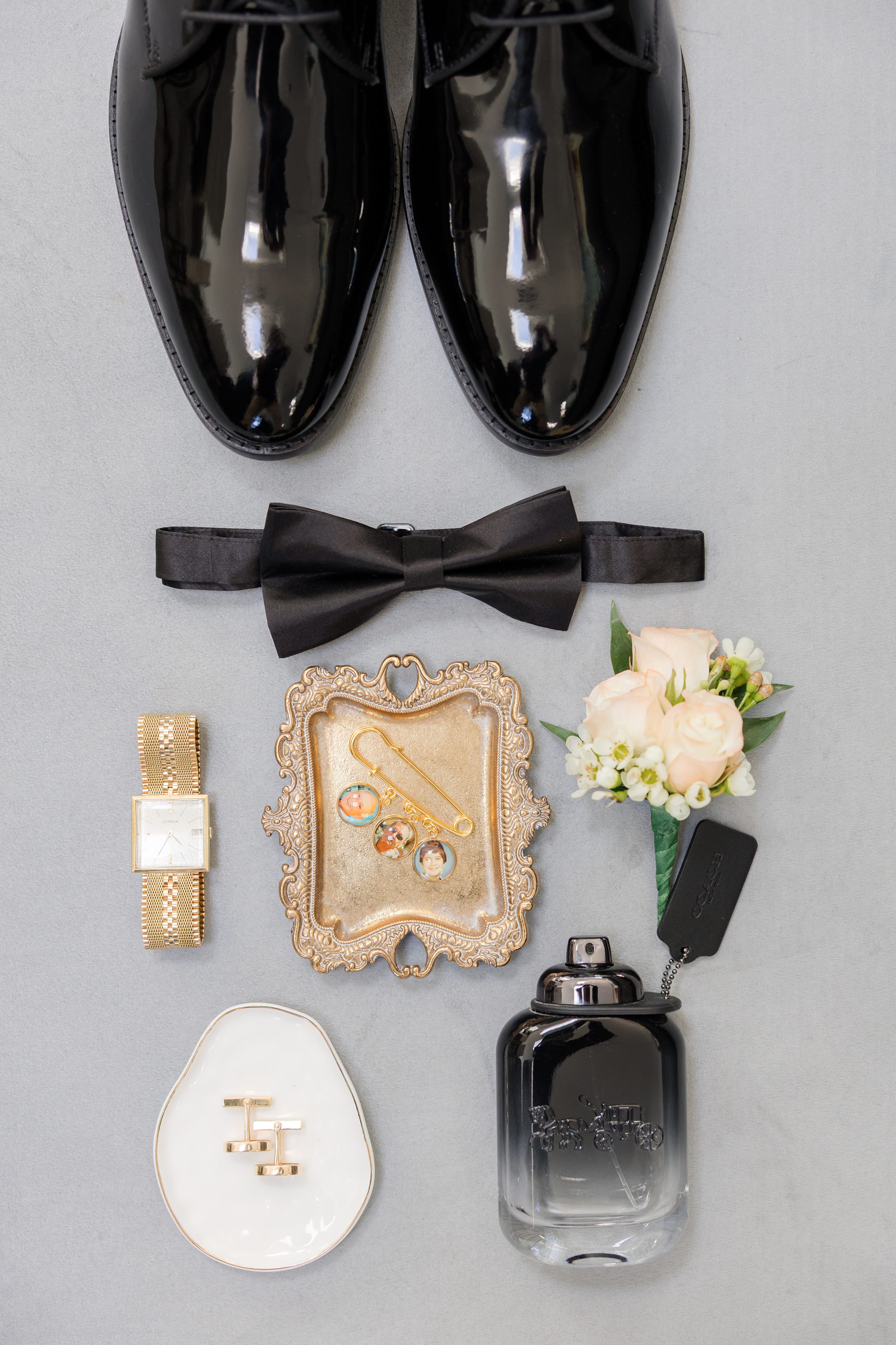 Groom polished shoes, bow tie, watch, boutonniere, cufflinks, cologne, and keepsakes.