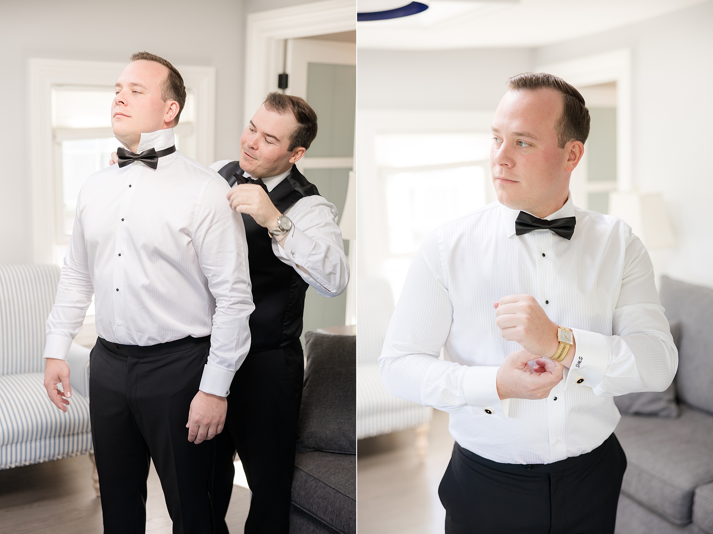Groom getting ready with his best man, adjusting his bow tie and cufflinks indoors.