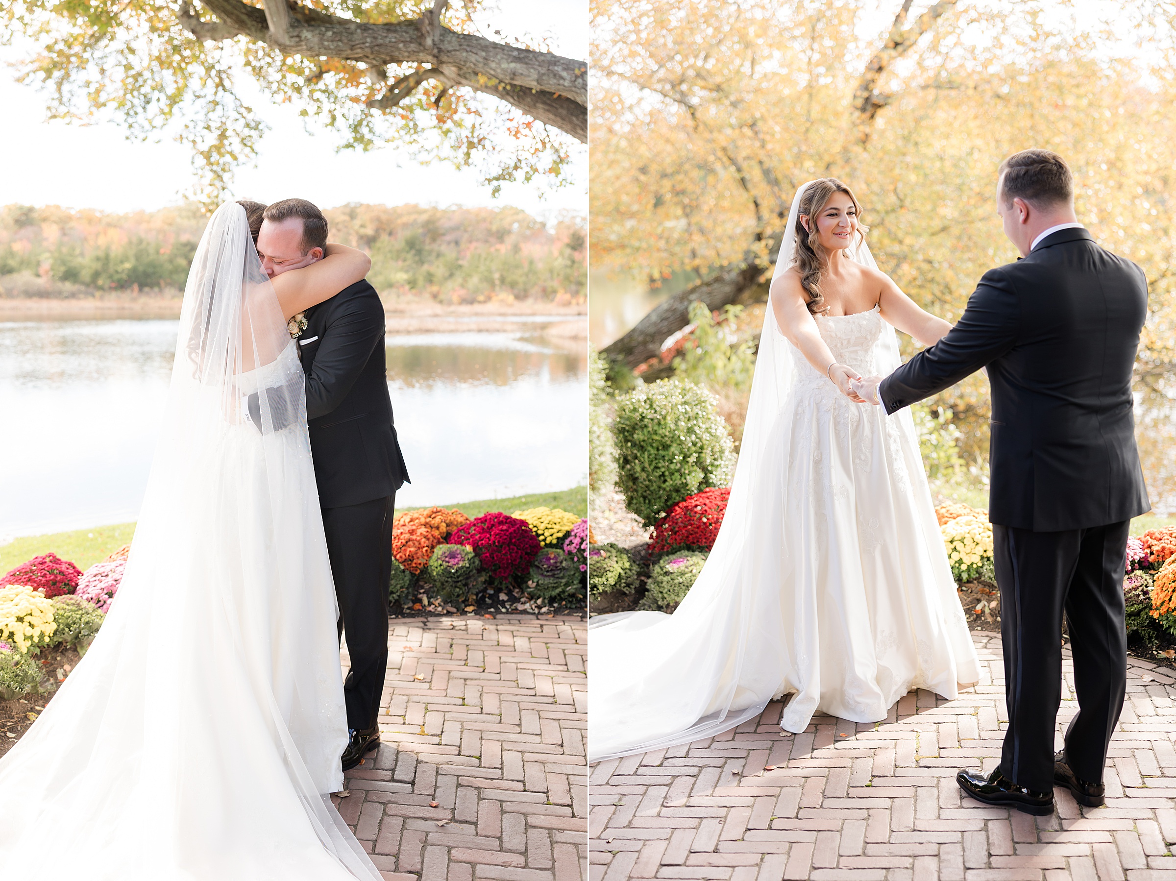 Bride and groom sharing an emotional first look, embracing and then holding hands as they smile at each other in a sunlit garden by the water.